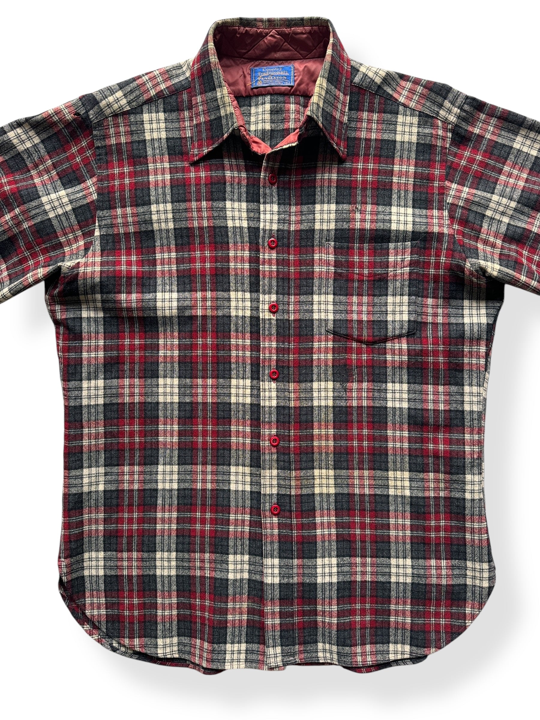 Front of Red and Grey Plaid Short Sleeve Pendleton SZ L