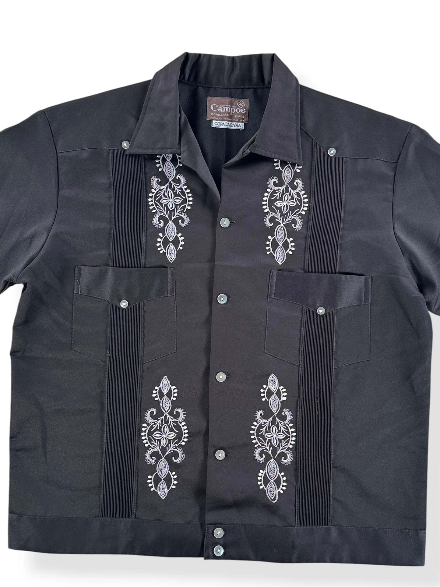 Front Close Up of Vintage Campos Loop Collar Embroidered Guayabera Shirt SZ 40
