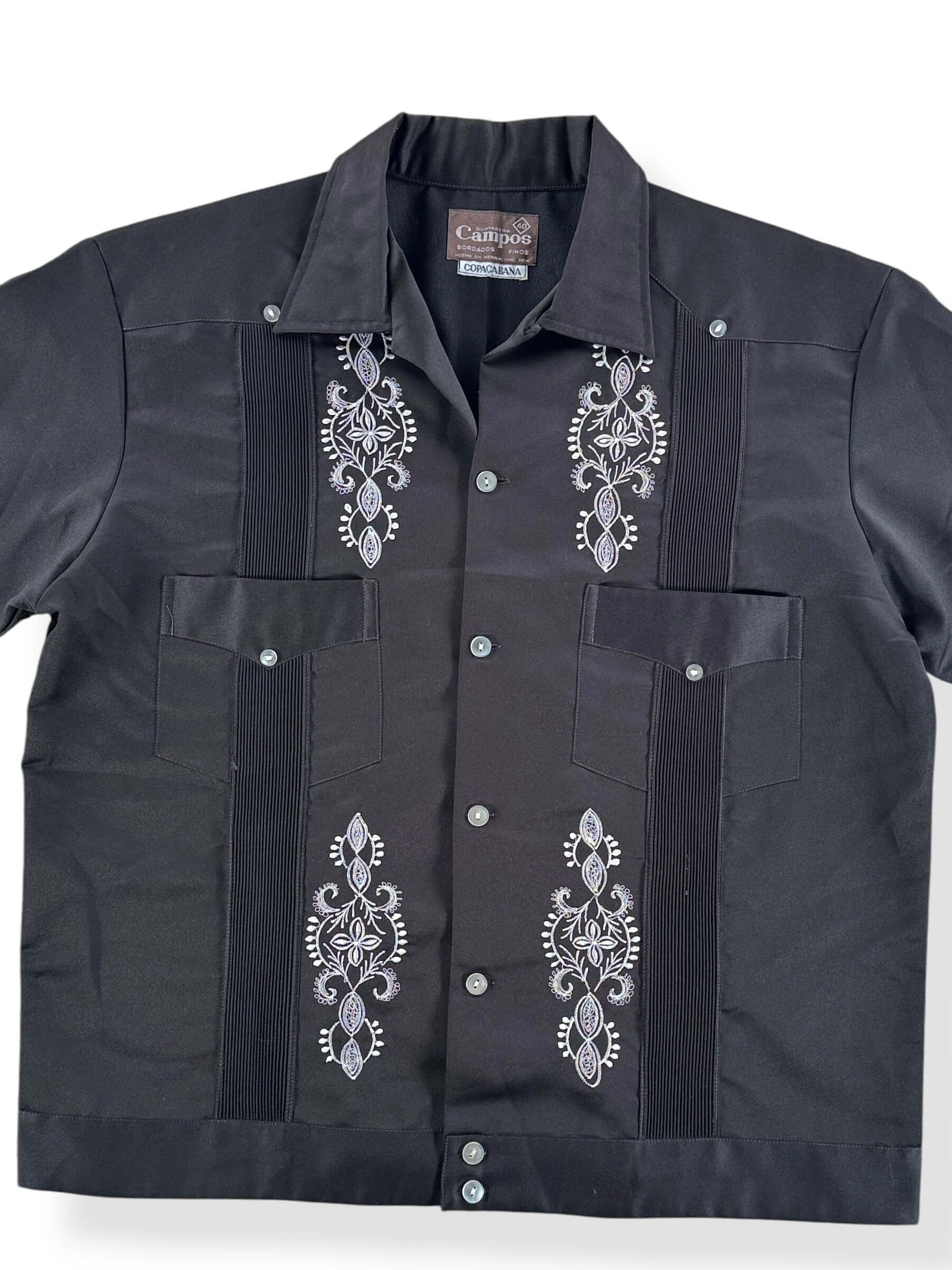 Front Close Up of Vintage Campos Loop Collar Embroidered Guayabera Shirt SZ 40