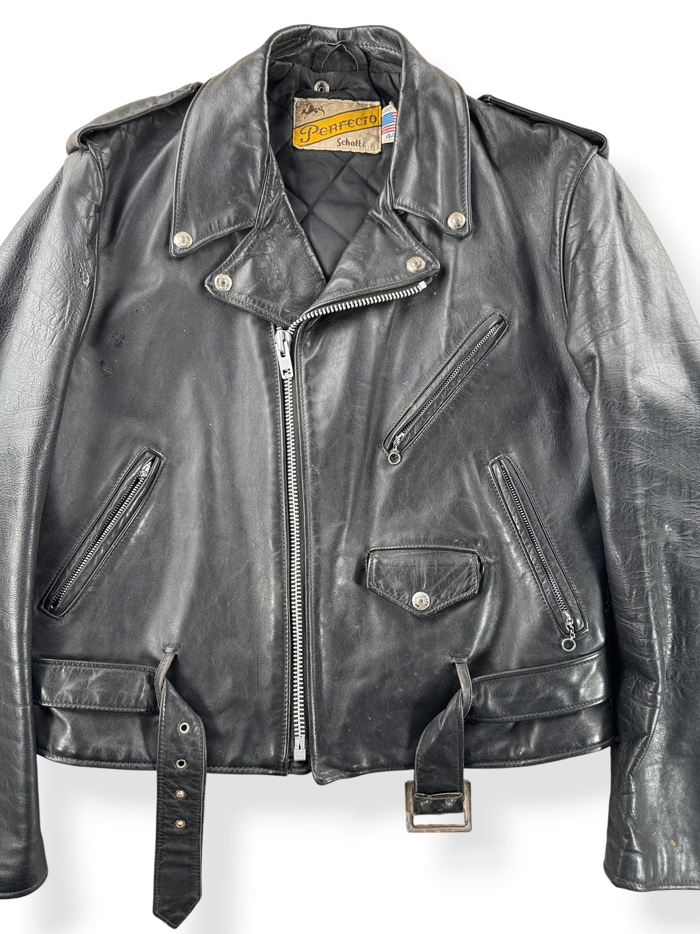 Close-up of Vintage 80s Era Schott Perfecto Leather Jacket SZ 44