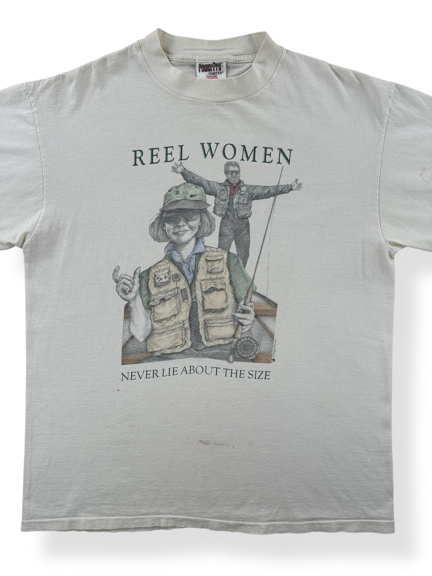Front Close Up of Vintage Reel Women Tee SZ L