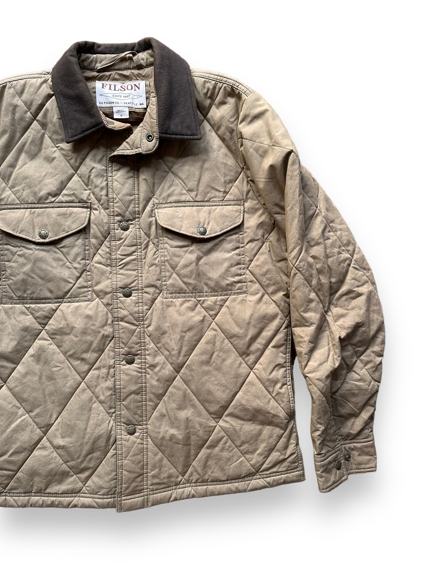 Front Left View of Filson Hyder Quilted Jac Primaloft Waxed Jacket SZ M |  Barn Owl Vintage Goods | Vintage Filson Workwear Seattle