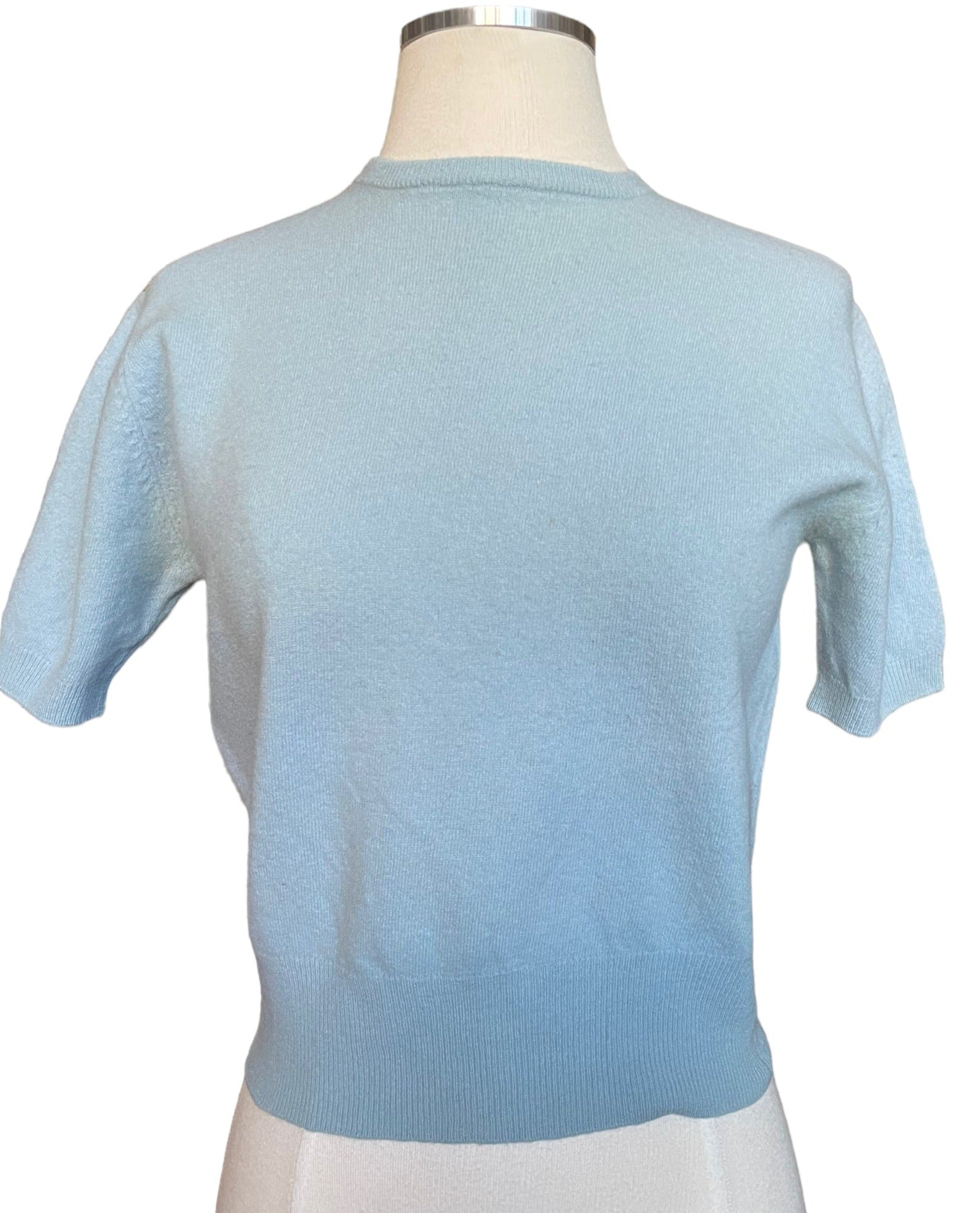 Full front view of Vintage 1950s Blue Short Sleeve Lamb's Wool Sweater | Seattle Vintage Sweaters | Barn Owl Vintage