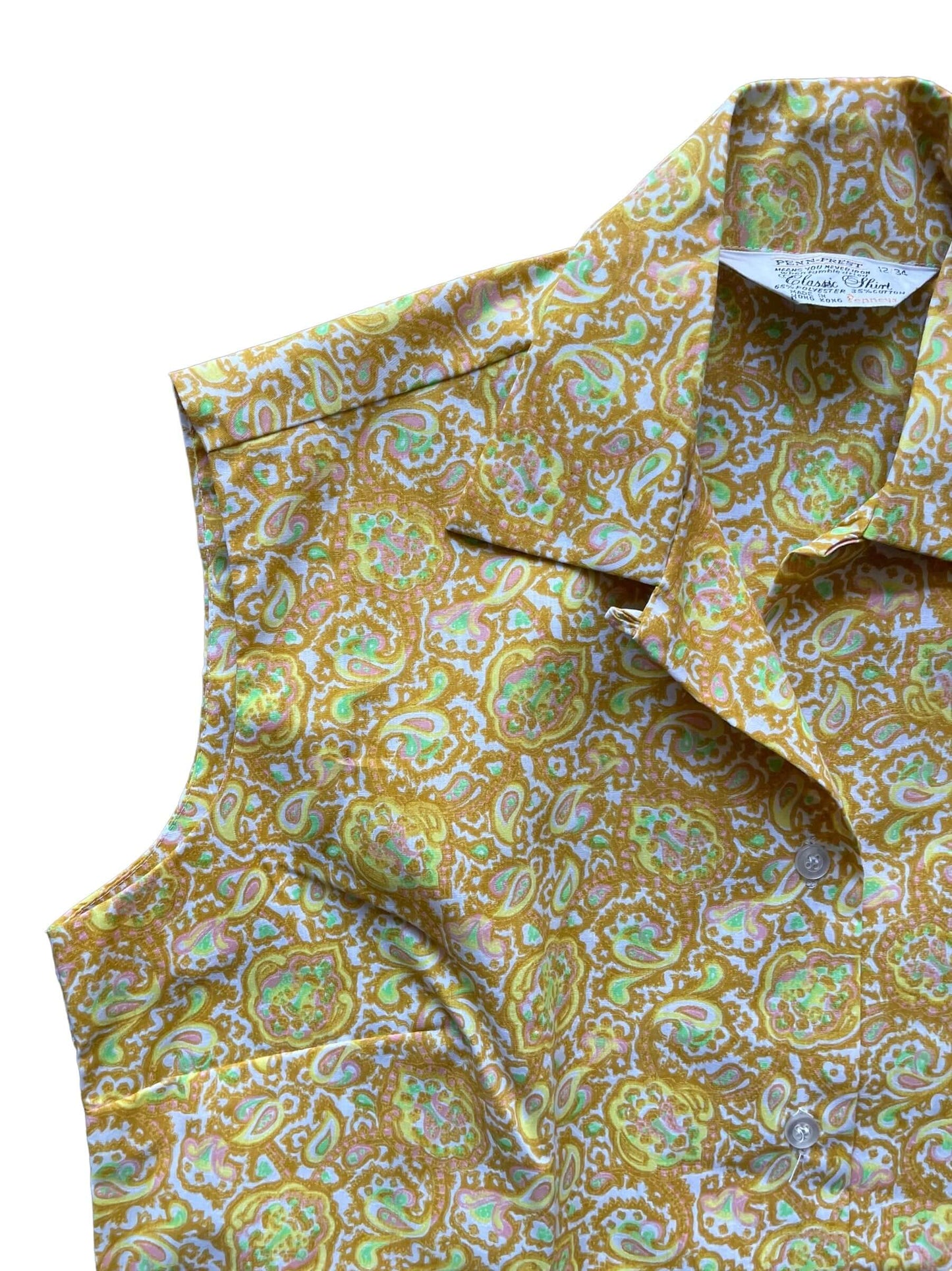 Front right shoulder view of 1960s Paisley Sleeveless Penney's Classic Shirt M-L