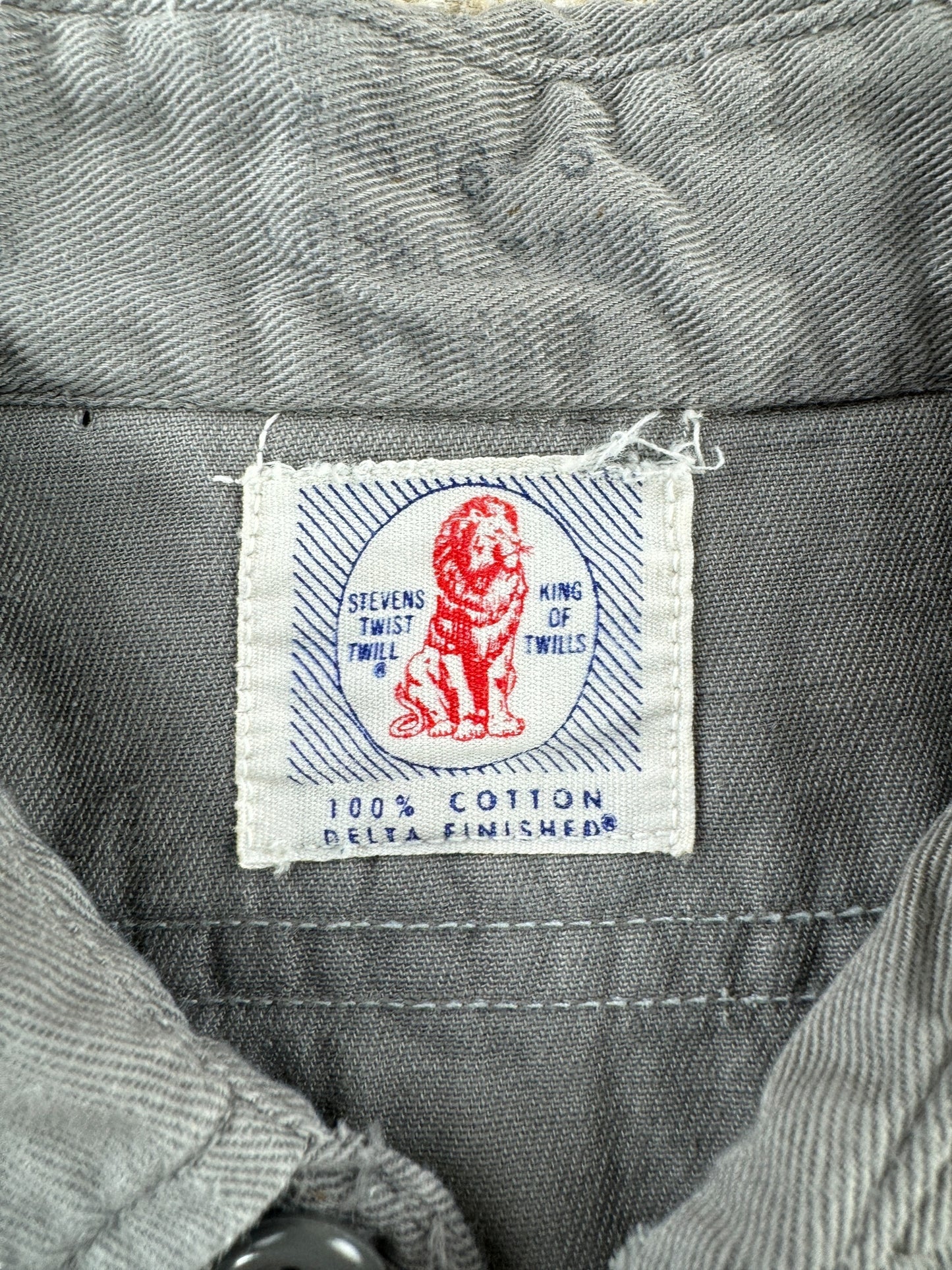 Tag on Vintage Stevens Twist Twill Grey Work Shirt SZ L AS IS