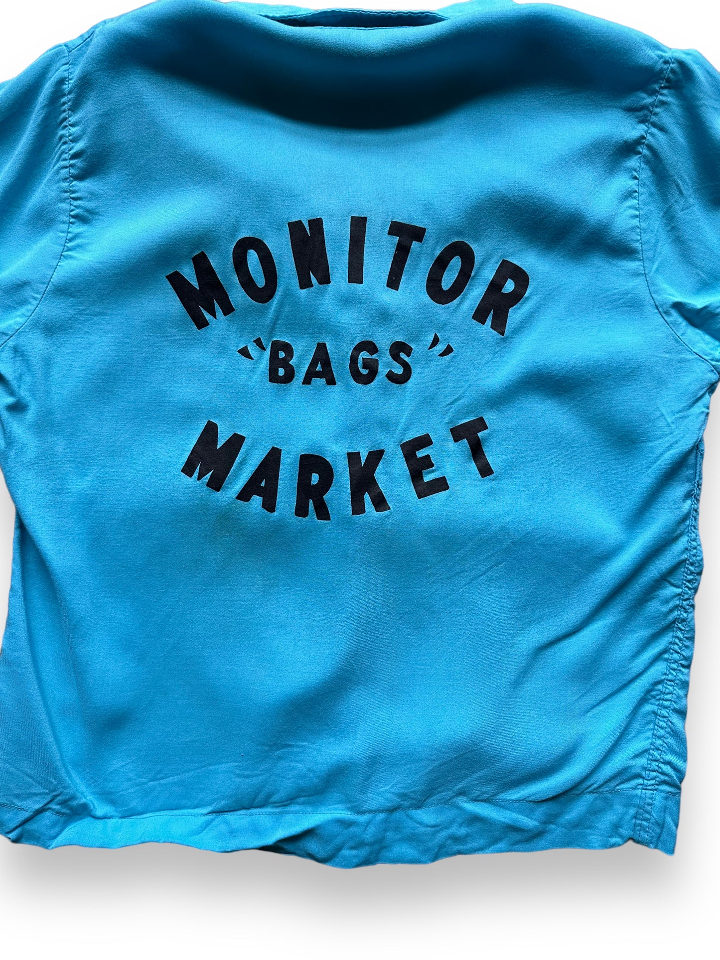 back close up of Vintage Monitor "Bags" Market Rayon Ladies Bowling Shirt SZ 34 | Vintage Bowling Shirt Seattle | Barn Owl Vintage Seattle