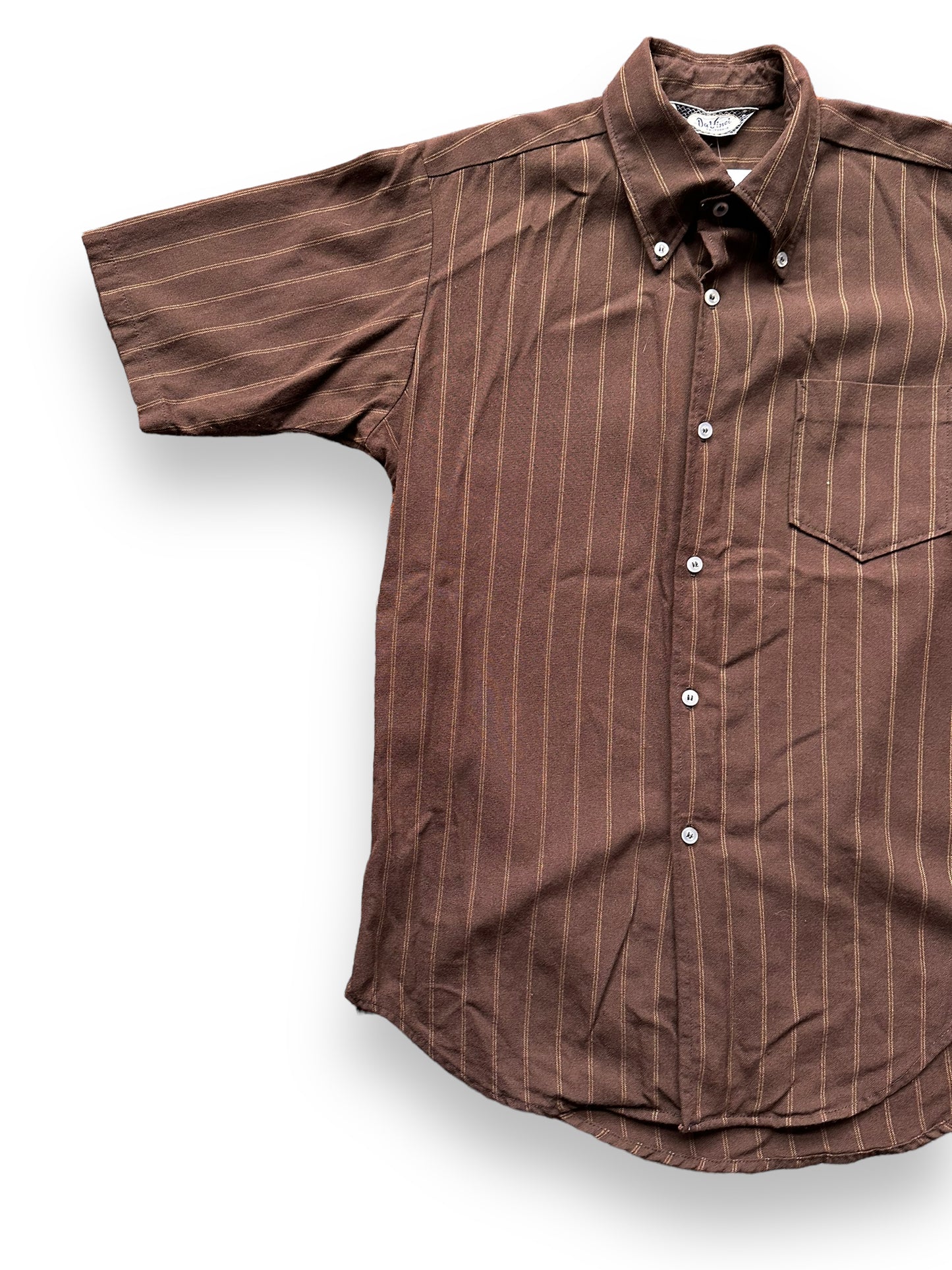 Front Right View of Vintage Davinci Brown Stripe Short Sleeve Button Up Shirt SZ M | Vintage Button Up Shirt Seattle | Barn Owl Vintage Seattle