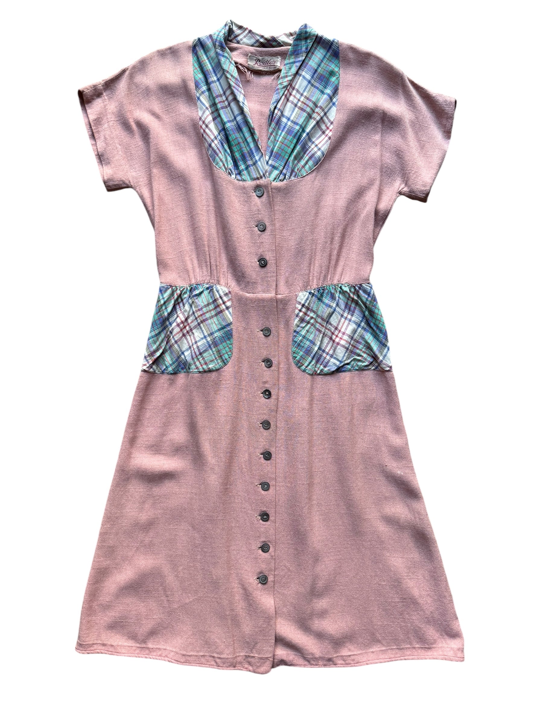 Front view of 1940s Radlo's Pink Cotton Dress with Plaid Pockets S-M