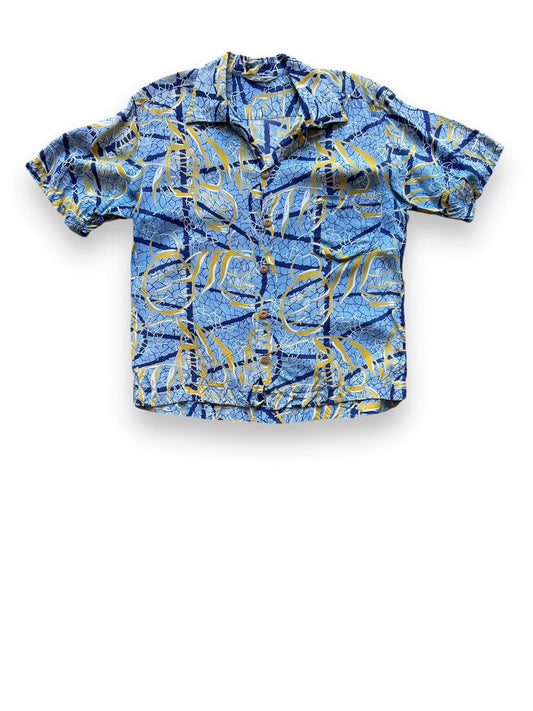 Front View of Vintage Blue & Gold Abstract Rayon Aloha Shirt SZ M