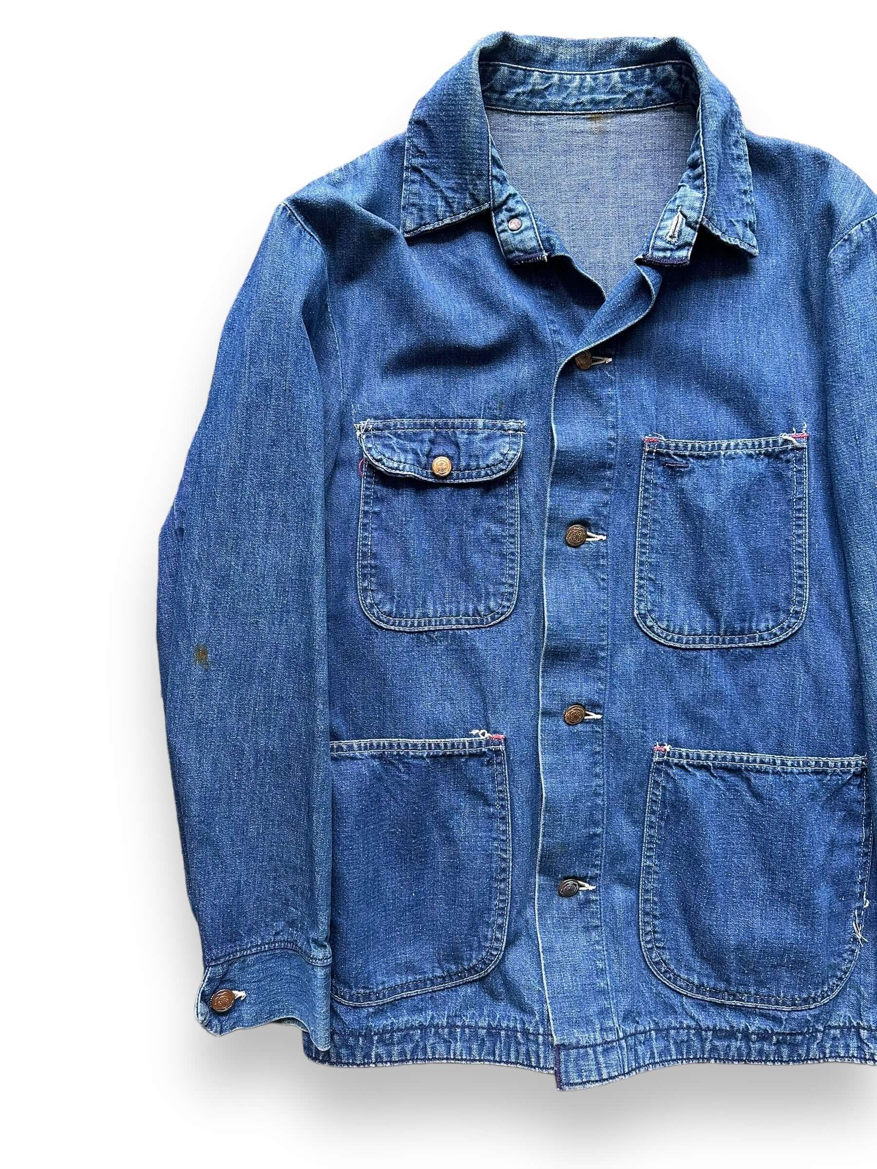 Front Right View of Vintage Blue Bell Denim Chore Coat SZ SM | Vintage Denim Chore Coat