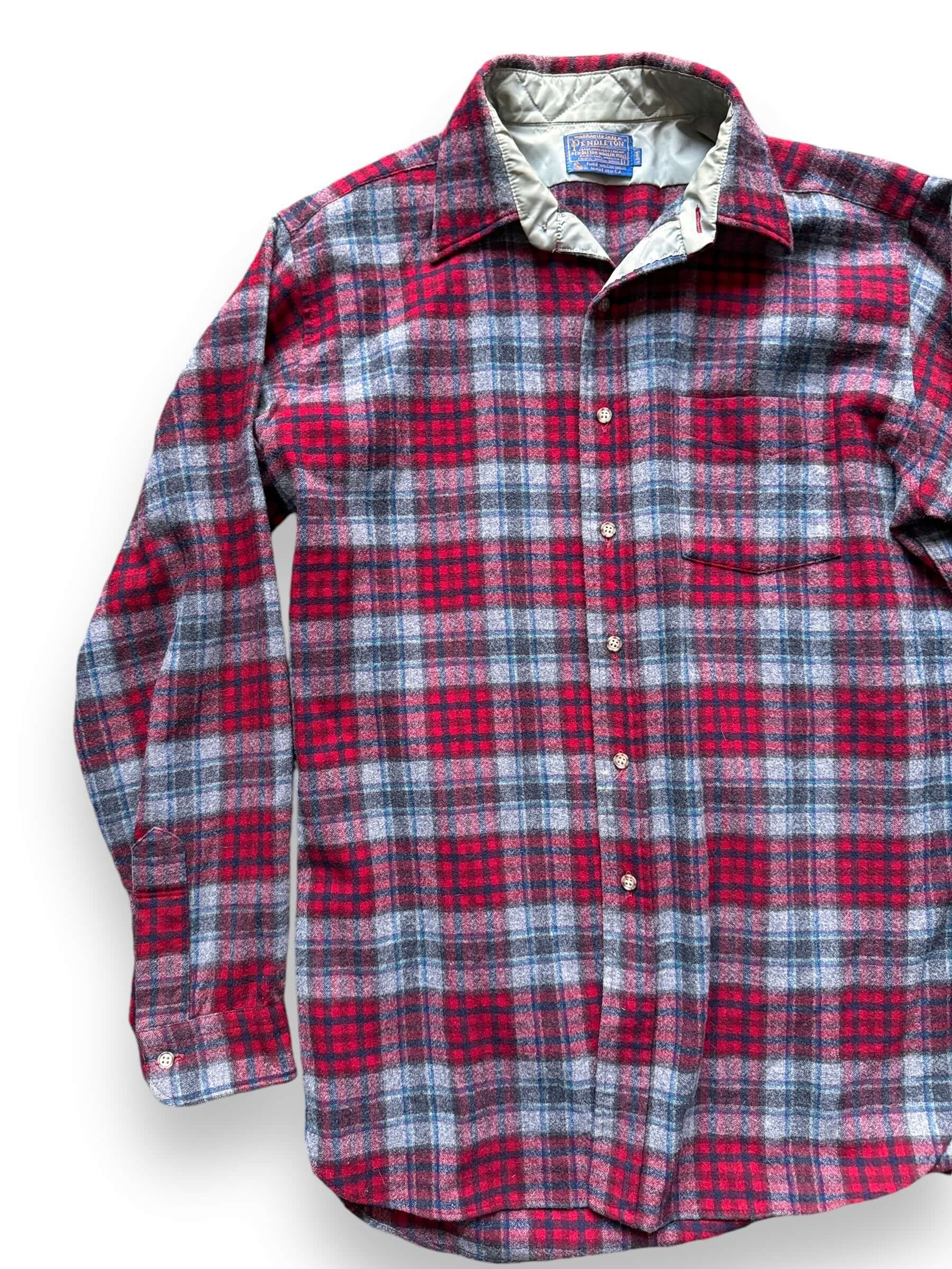 Front Right View of Vintage Red/Grey/Blue Pendleton Wool Flannel SZ L