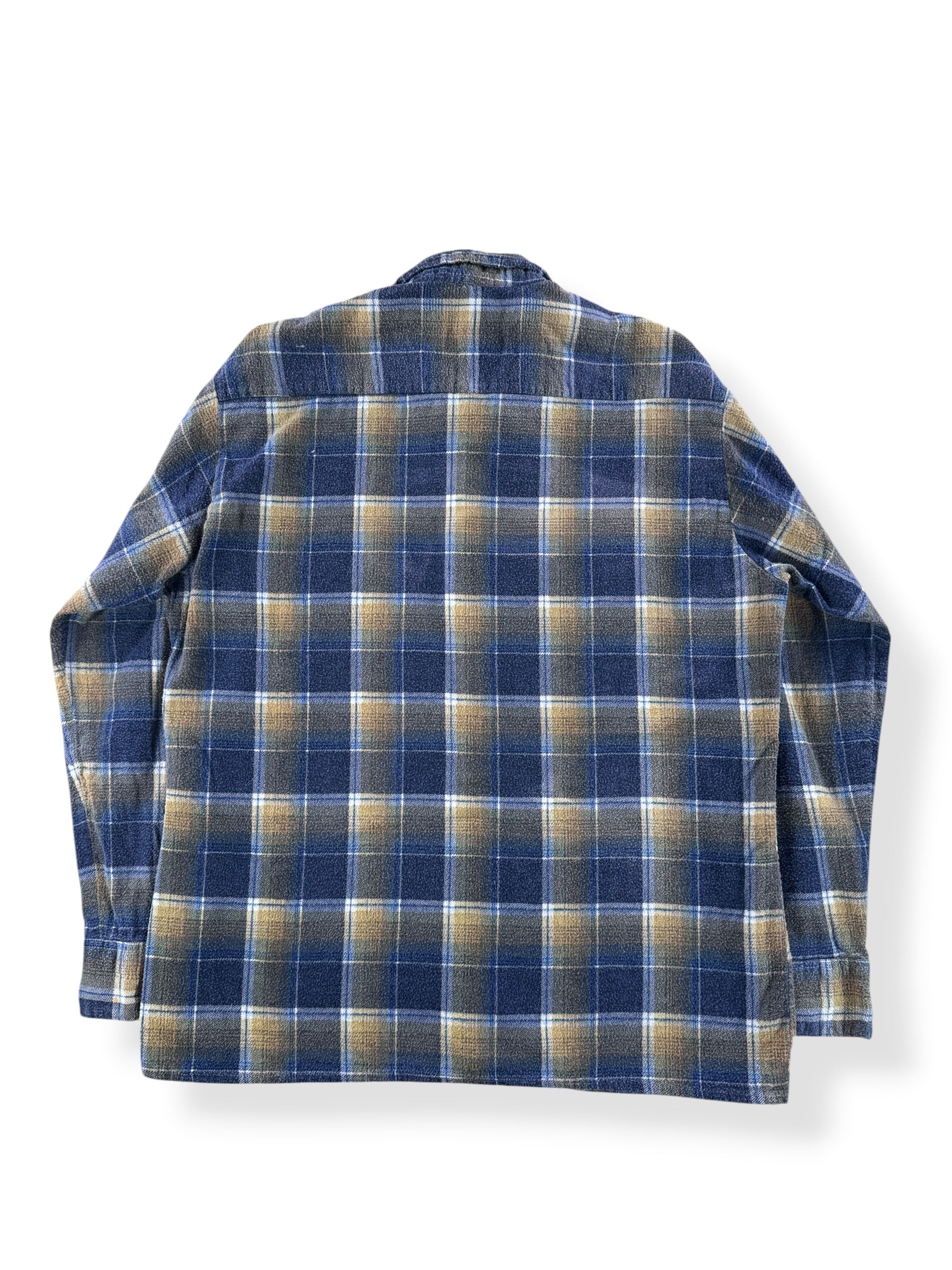 Back of Vintage 70’s Shadow Plaid Printed Cotton Flannel Shirt SZ L