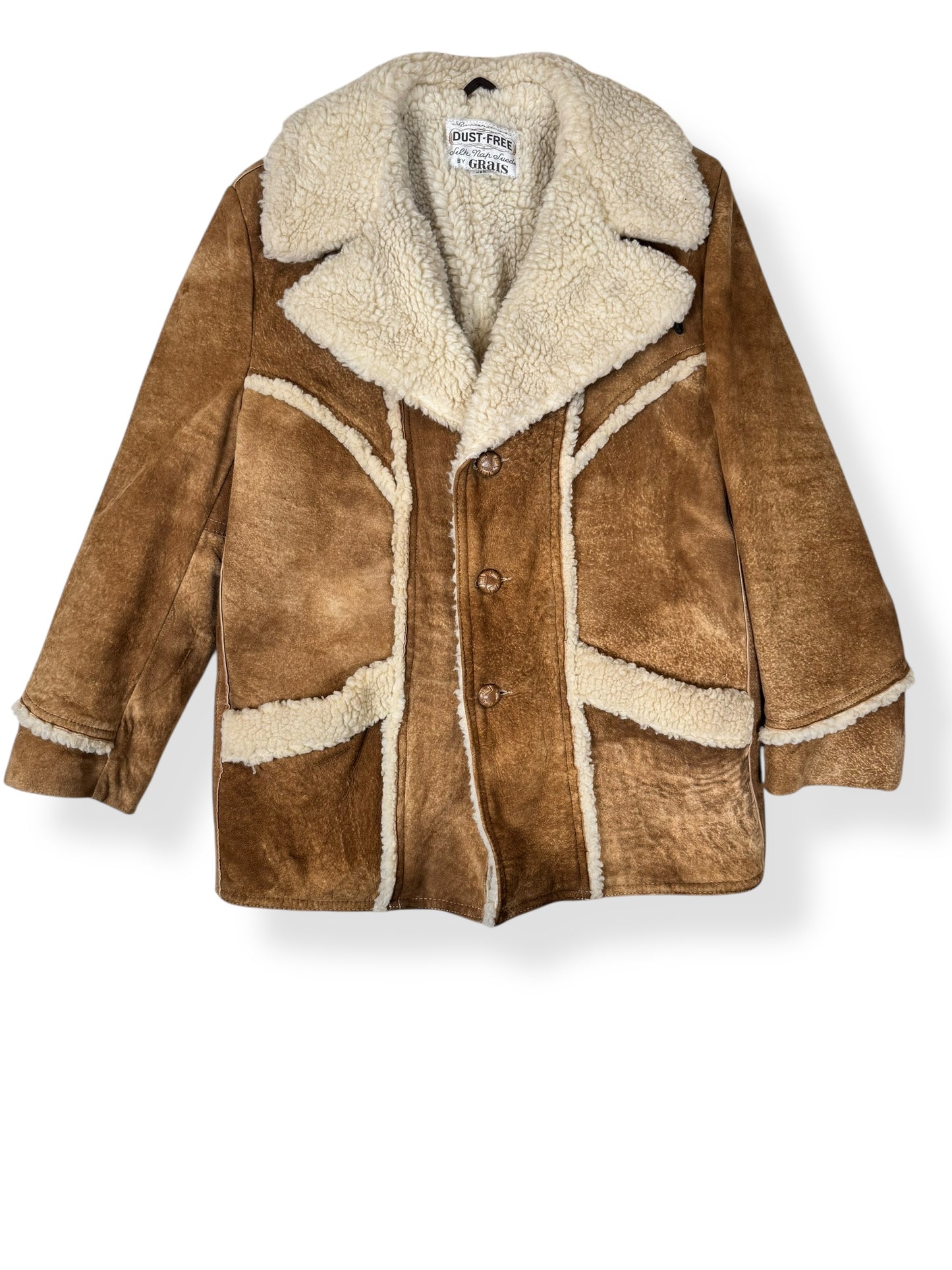 Front of 1970s Grais Suede Shearling Coat L