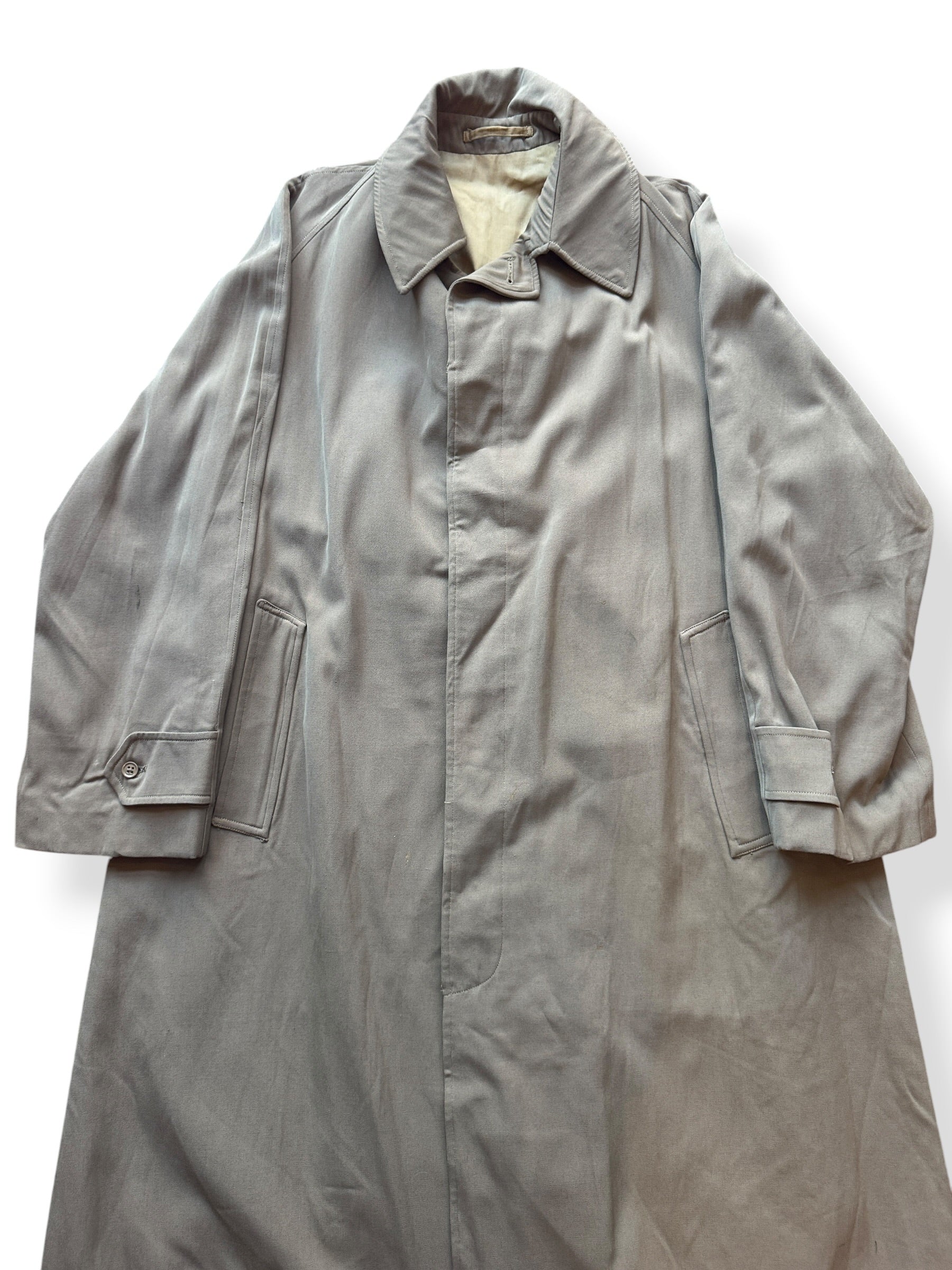 Front Close Up of Vintage Wool Gabardine Trench Coat SZ XL