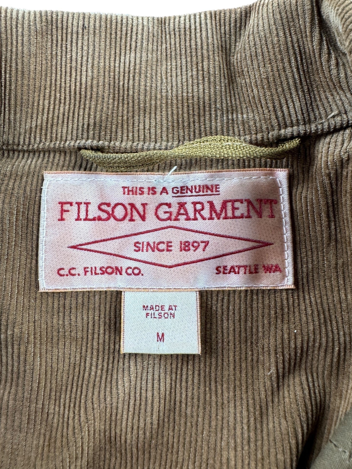 Tag on Modern Filson Dark Tan Insulated Journeyman Coat SZ M