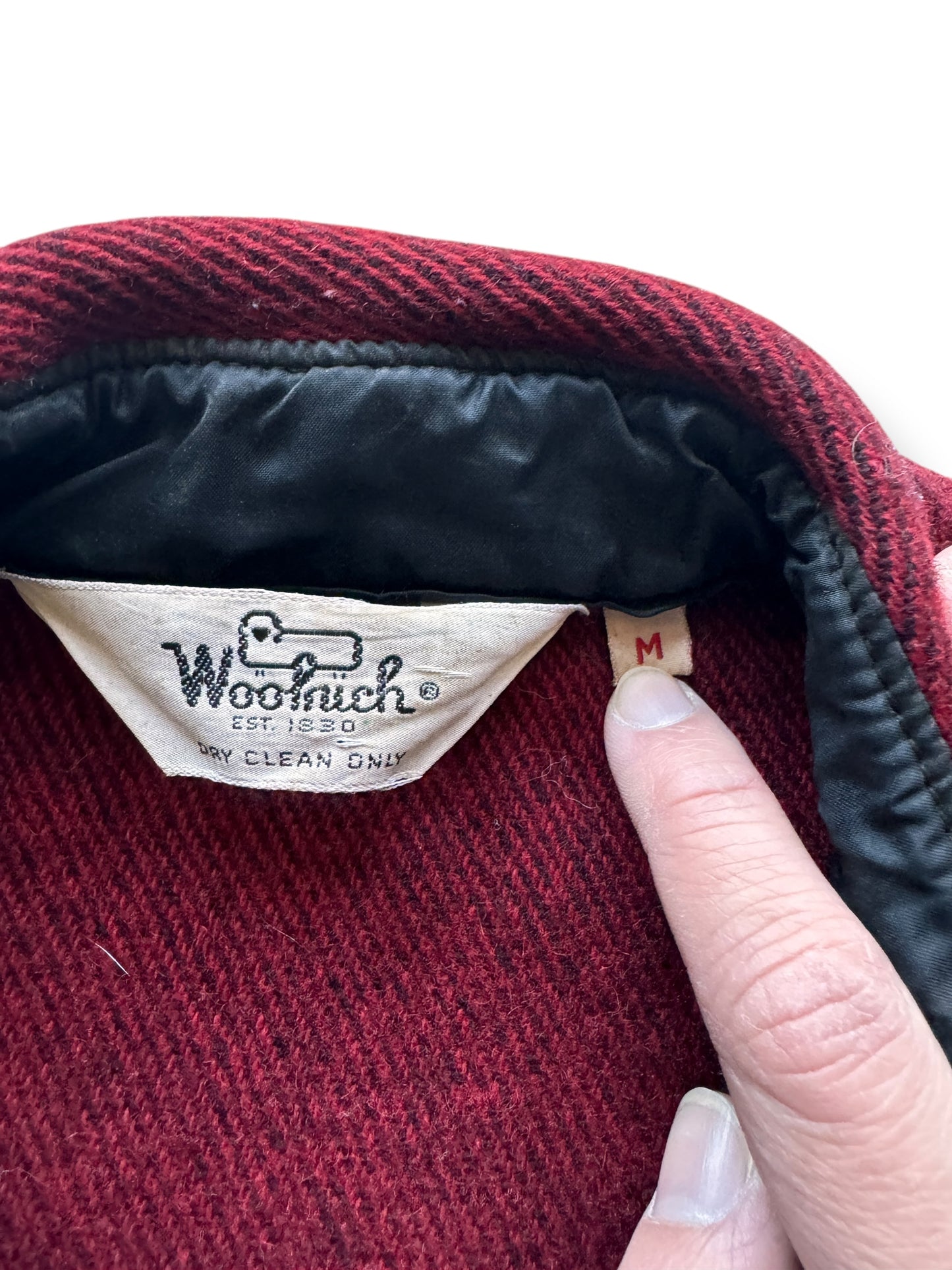 Tag on Vintage Woolrich Burgundy Herringbone Wool Jacket SZ M