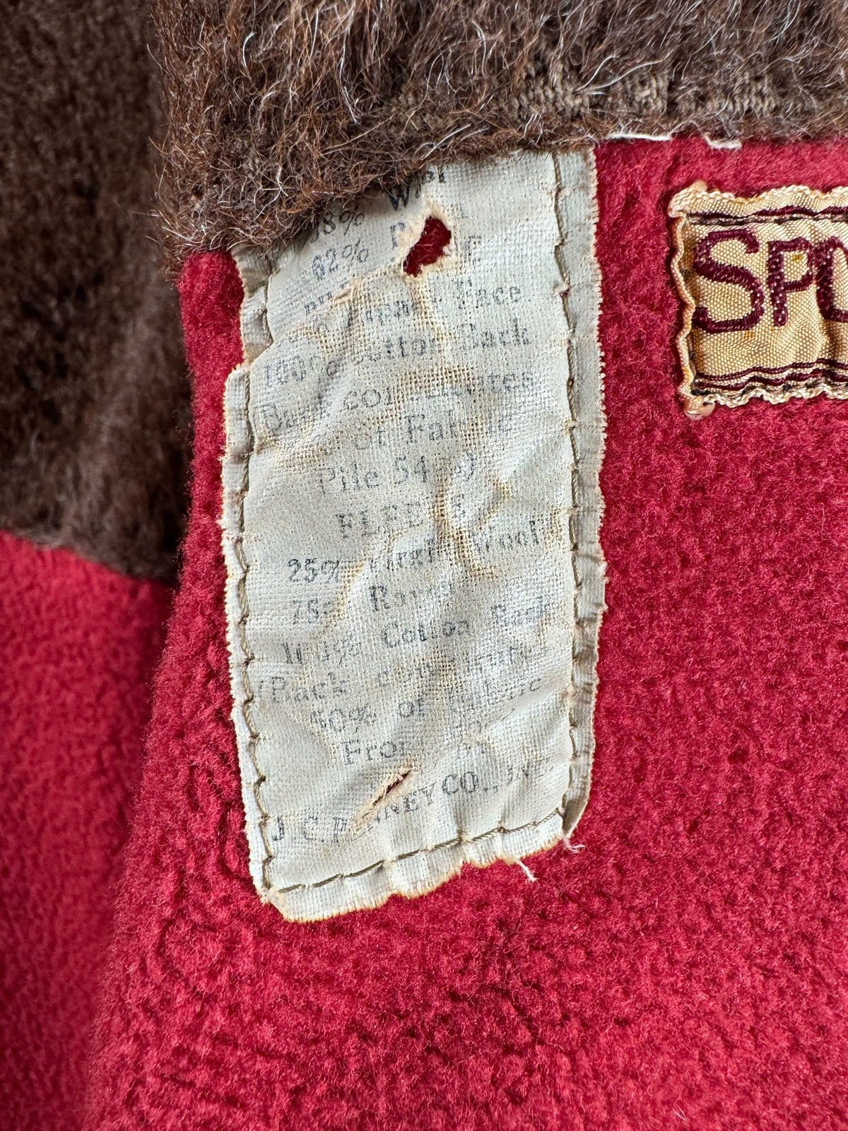 Info tag on inside of Vintage 40s JC Penny Sport Clad Calvary Twill Jacket SZ L