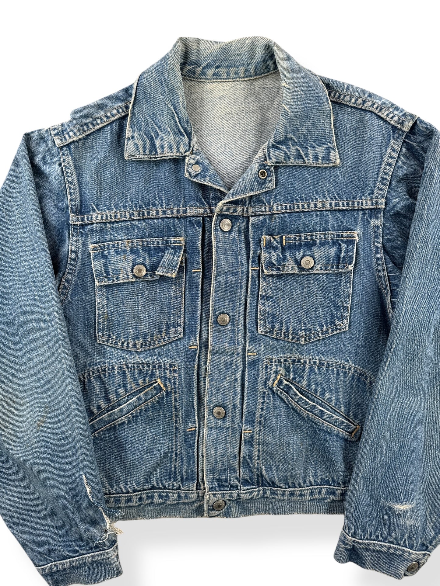 Front Close Up of Vintage Ranchcraft Pleated Denim Jacket SZ S AS IS