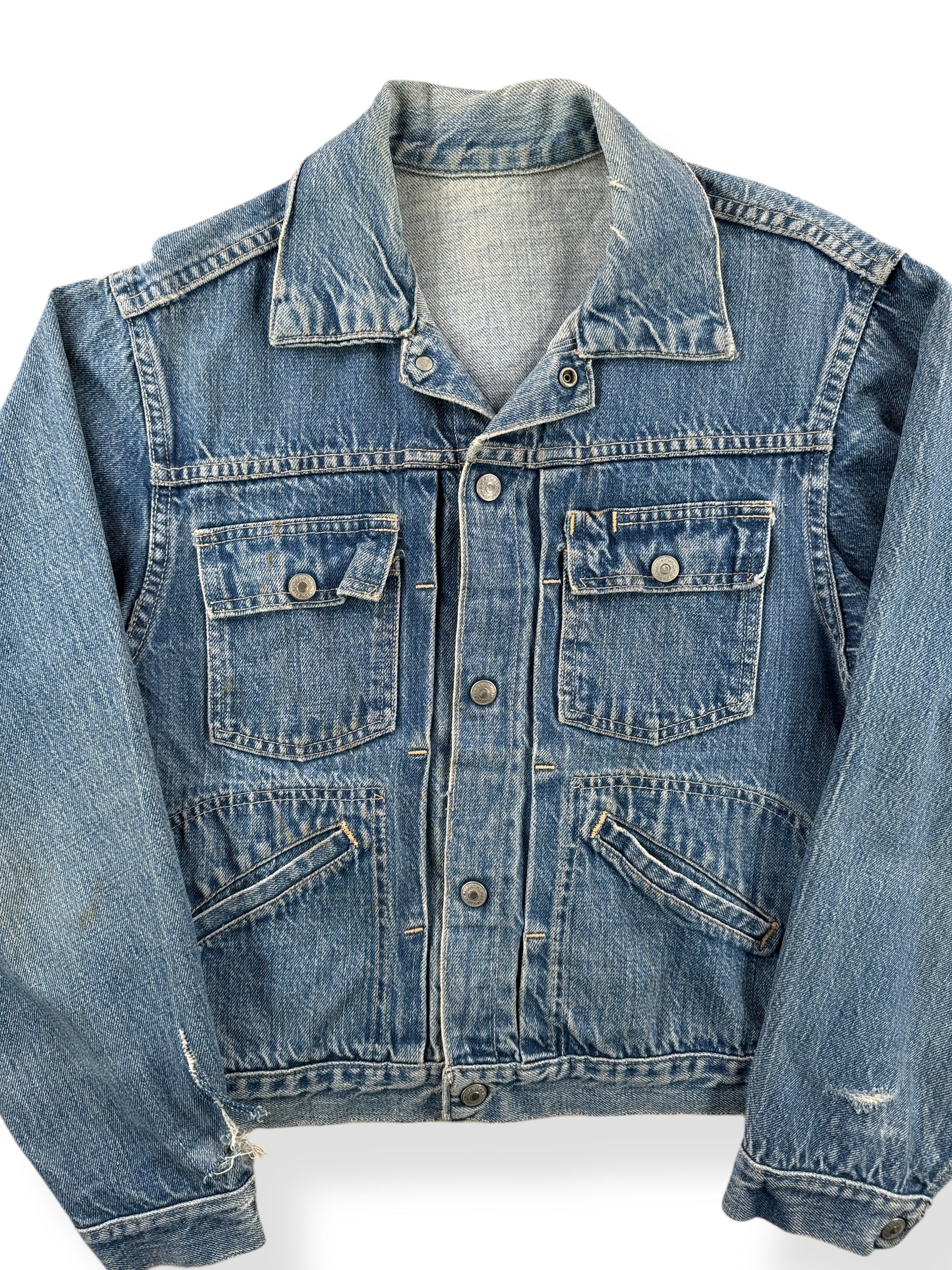 Front Close Up of Vintage Ranchcraft Pleated Denim Jacket SZ S AS IS