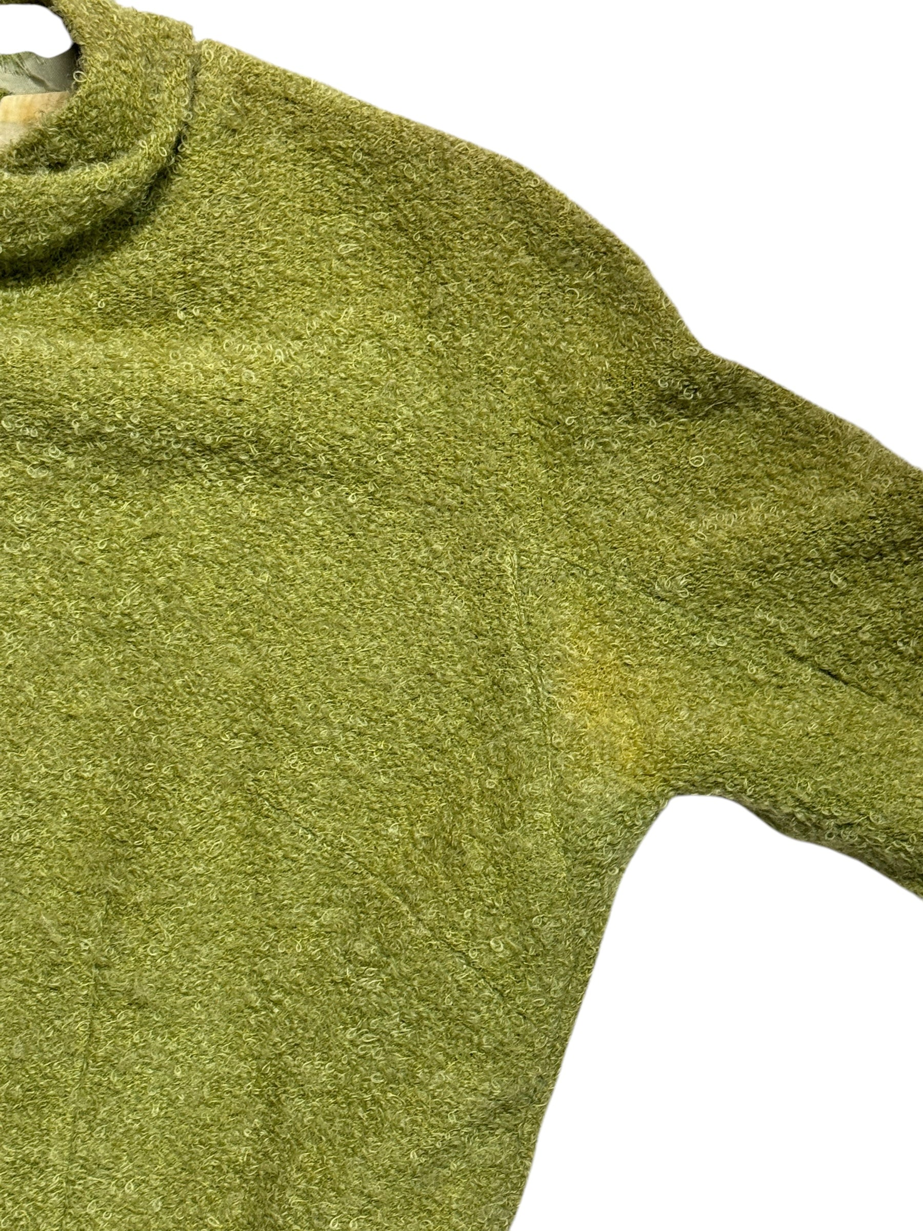 Underarm view of 1960s Pea Green Loopy Boucle Dress S