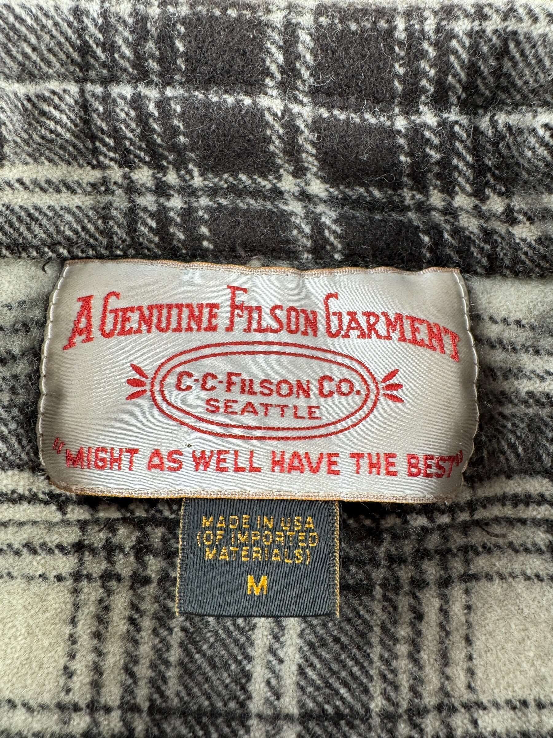 Label on Filson Cream Dark Brown Wool Blend Flannel SZ M (Fits S)
