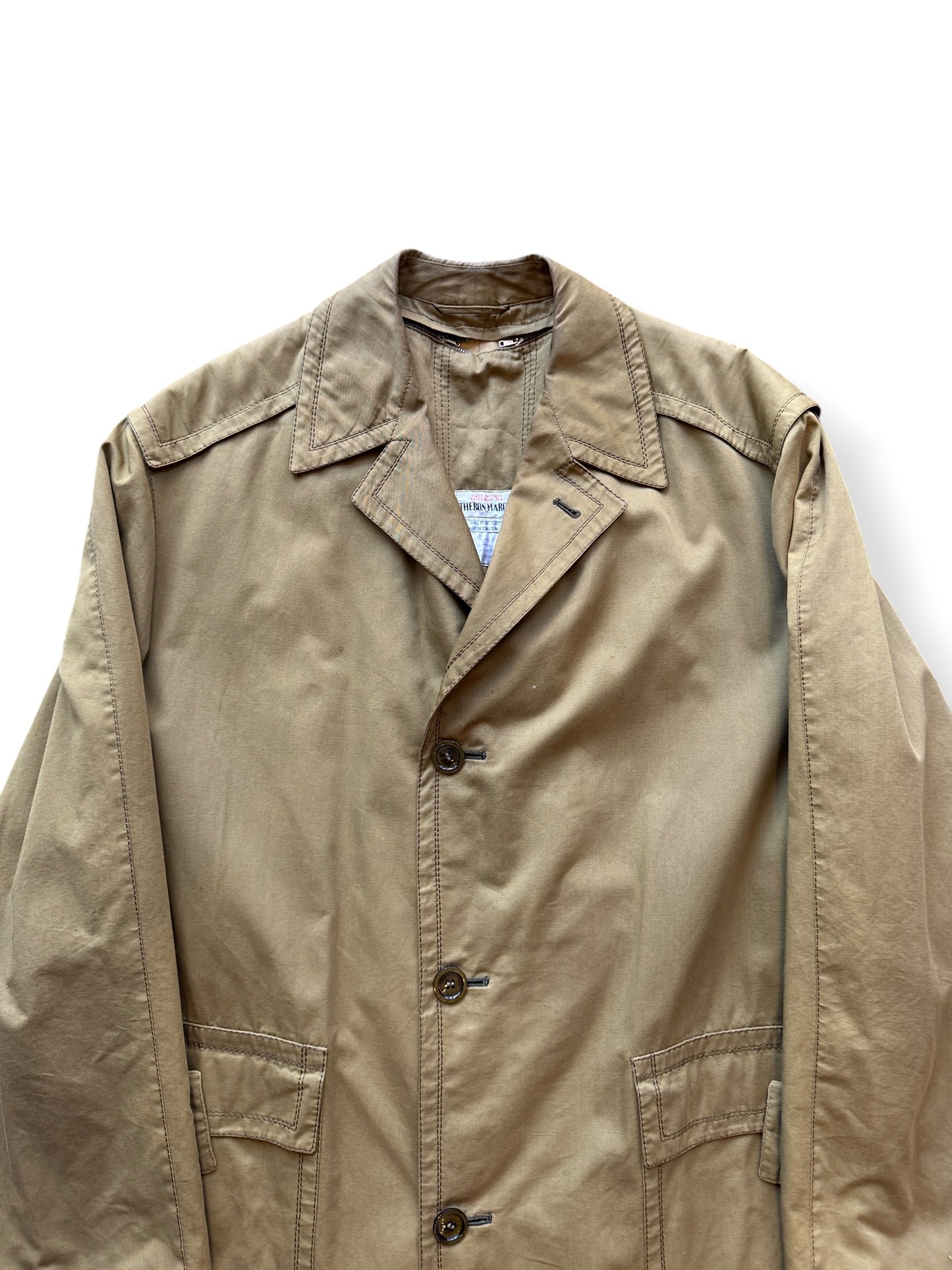Front Close Up of Vintage 70s Bon Marche Trench Coat SZ XL