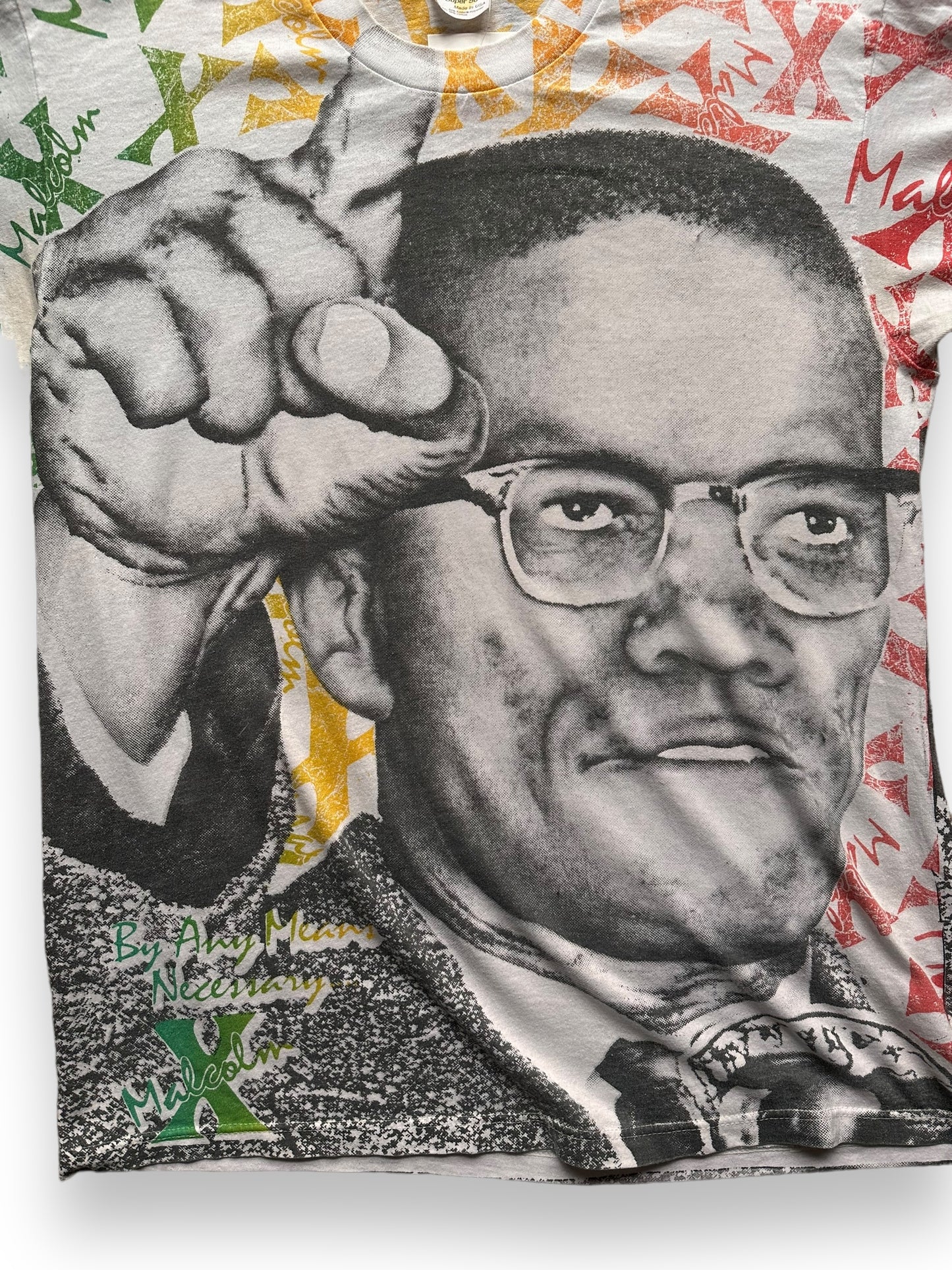 Graphic Close Up on Vintage Malcolm X All Over Print Tee SZ L | Vintage Malcolm X T-Shirts Seattle | Barn Owl Vintage Clothing Seattle