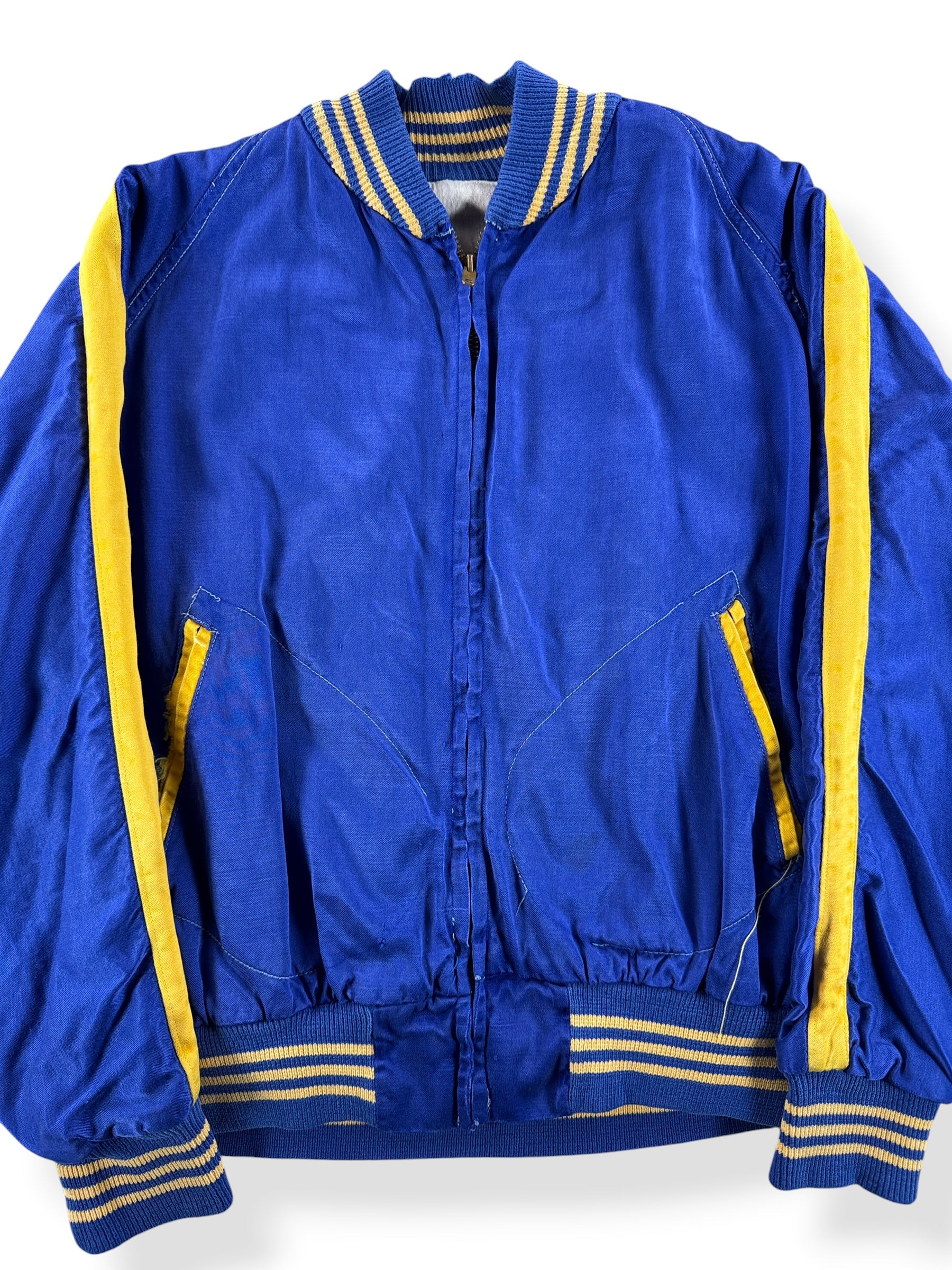 Front Close Up of Vintage 50s Edison Satin Bomber Jacket SZ S