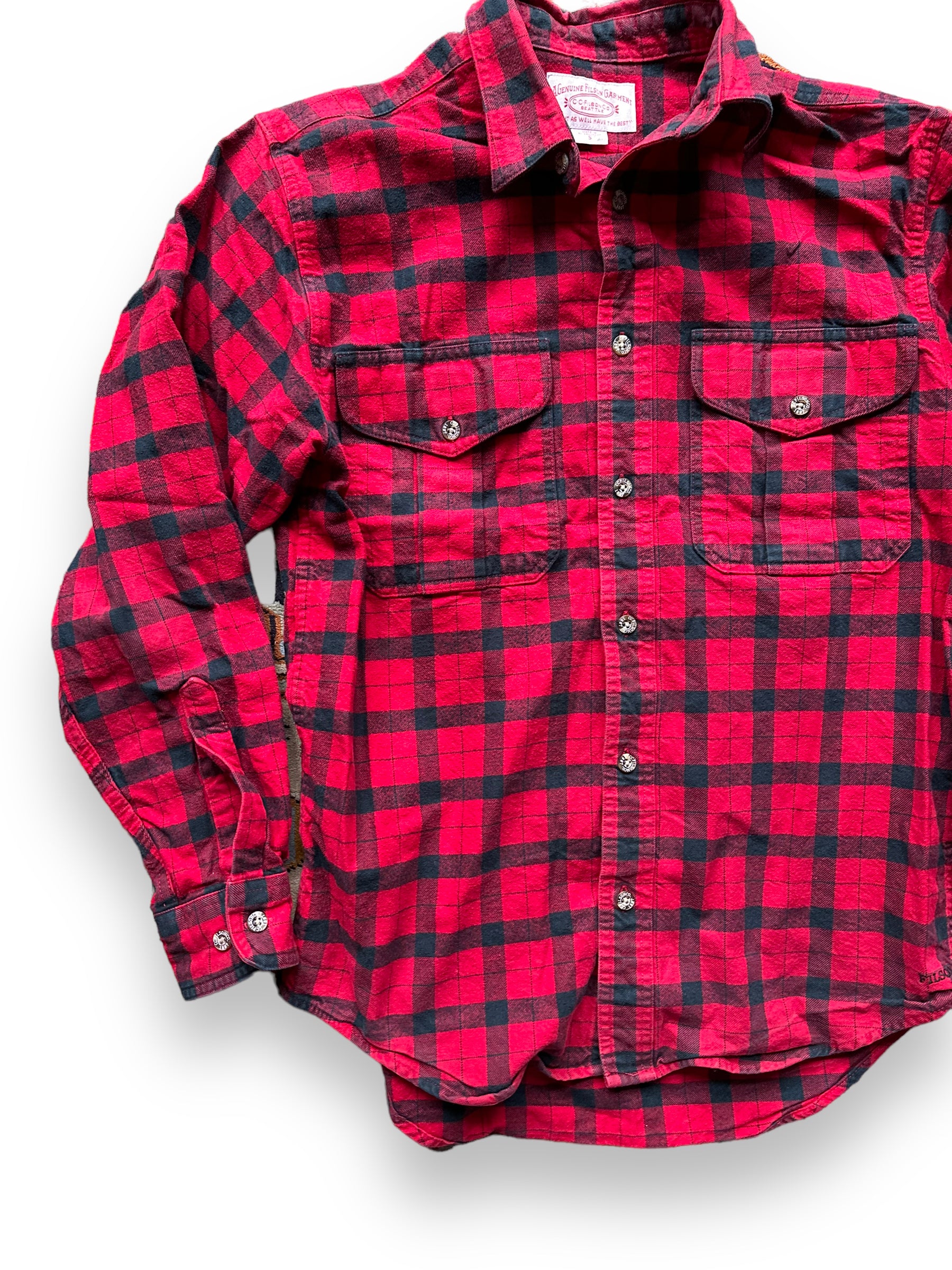 front right of Filson Black and Red Guide Shirt |  Barn Owl Vintage Goods | Vintage Filson Workwear Seattle