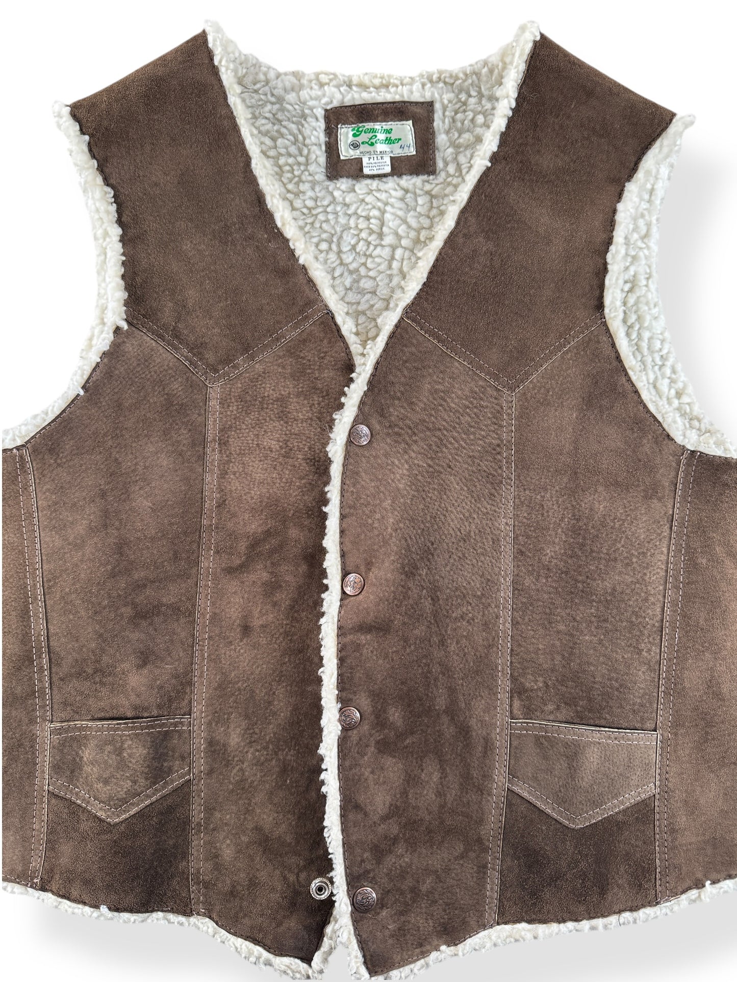 Front Close Up of Vintage Suede Sherpa Lined Vest SZ 44