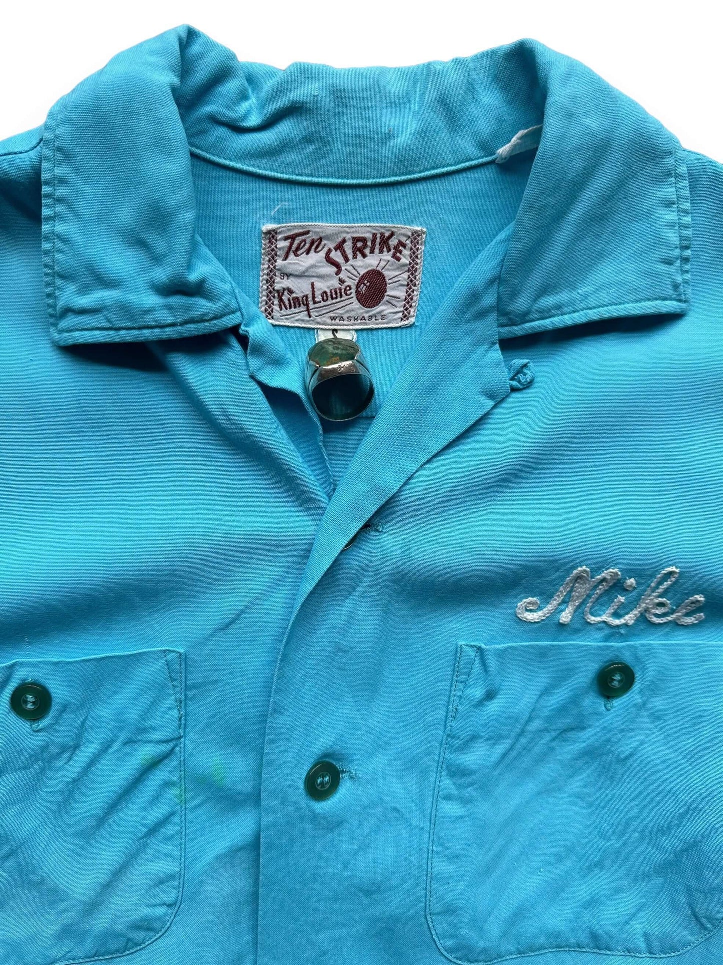 Tag View of Vintage Bruning Rayon Bowling Shirt SZ SM | Vintage Bowling Shirt Seattle | Barn Owl Vintage Seattle