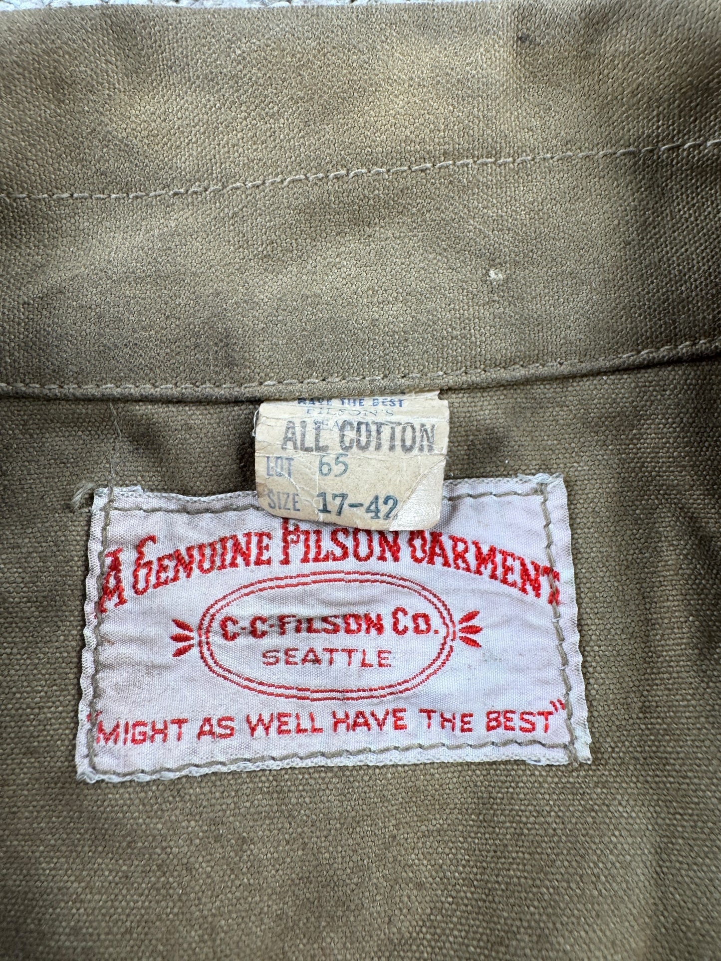 Filson's Hang Tag on Vintage 1950s Filson Double Logger Tin Cloth Jacket SZ 42