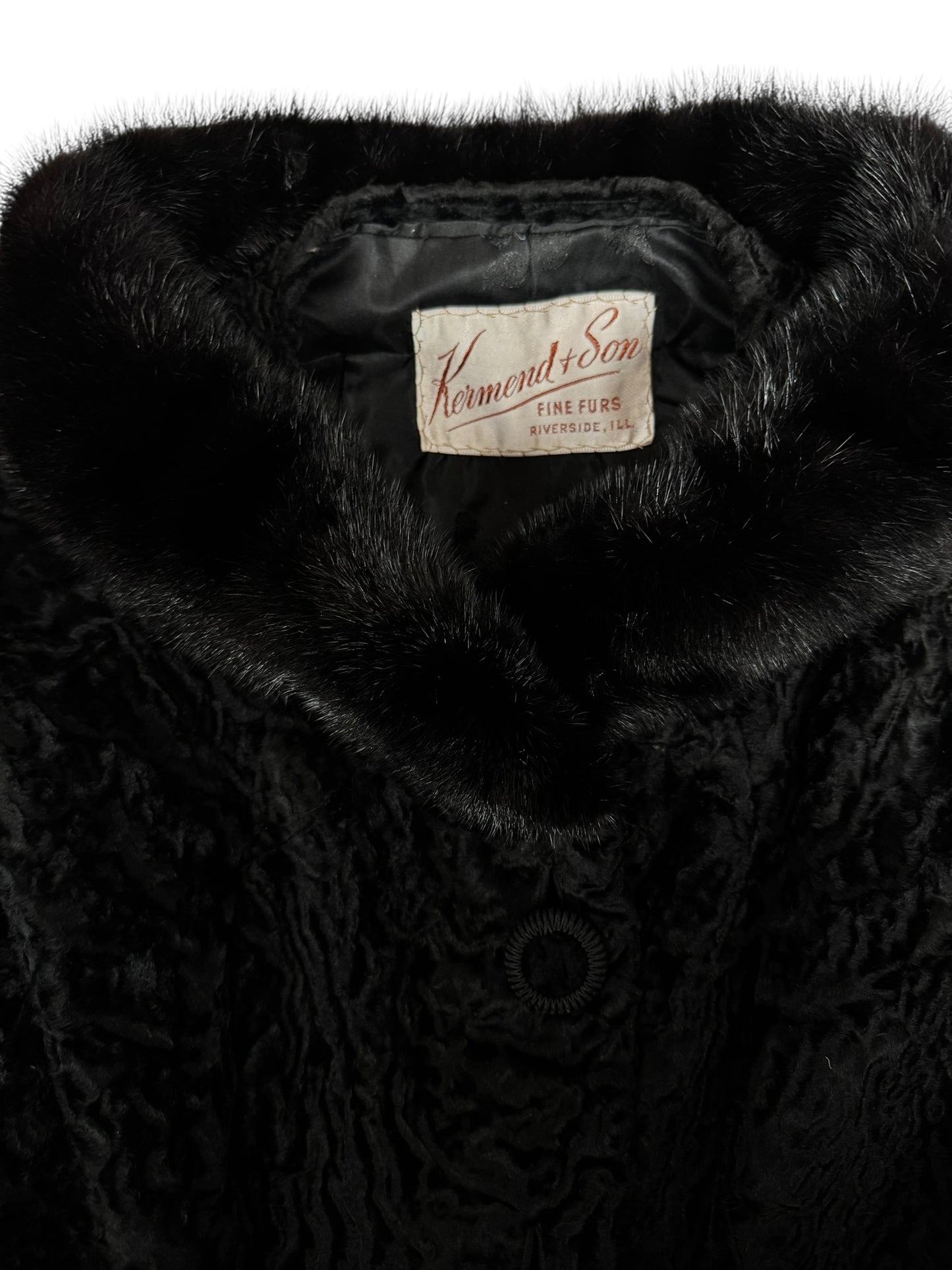 Tag view of 1960s Kermend Cropped Lam's Fur and Mink Coat L