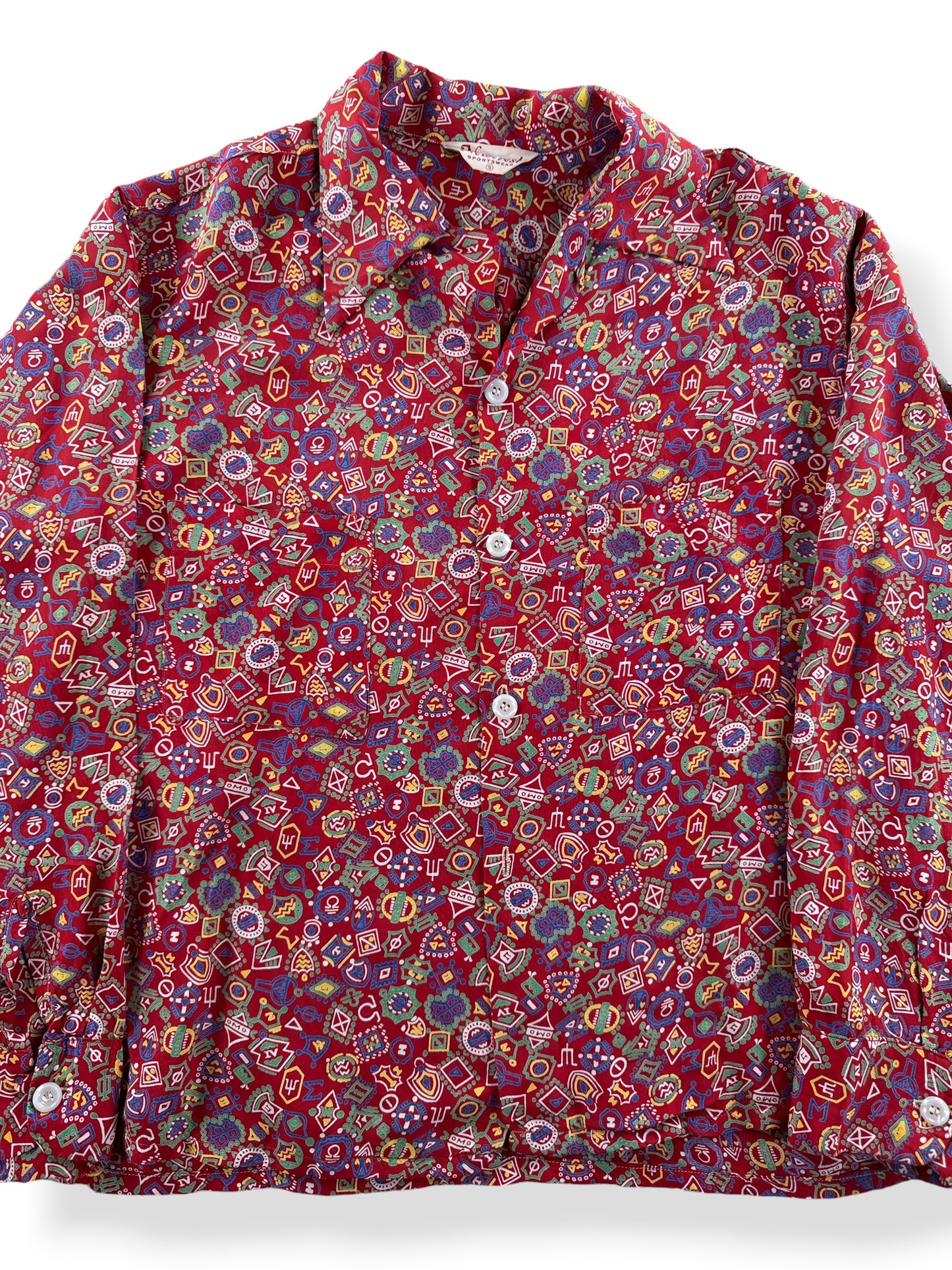 Front Close Up of Vintage Newcrest Sportswear Rayon Frat Top SZ S