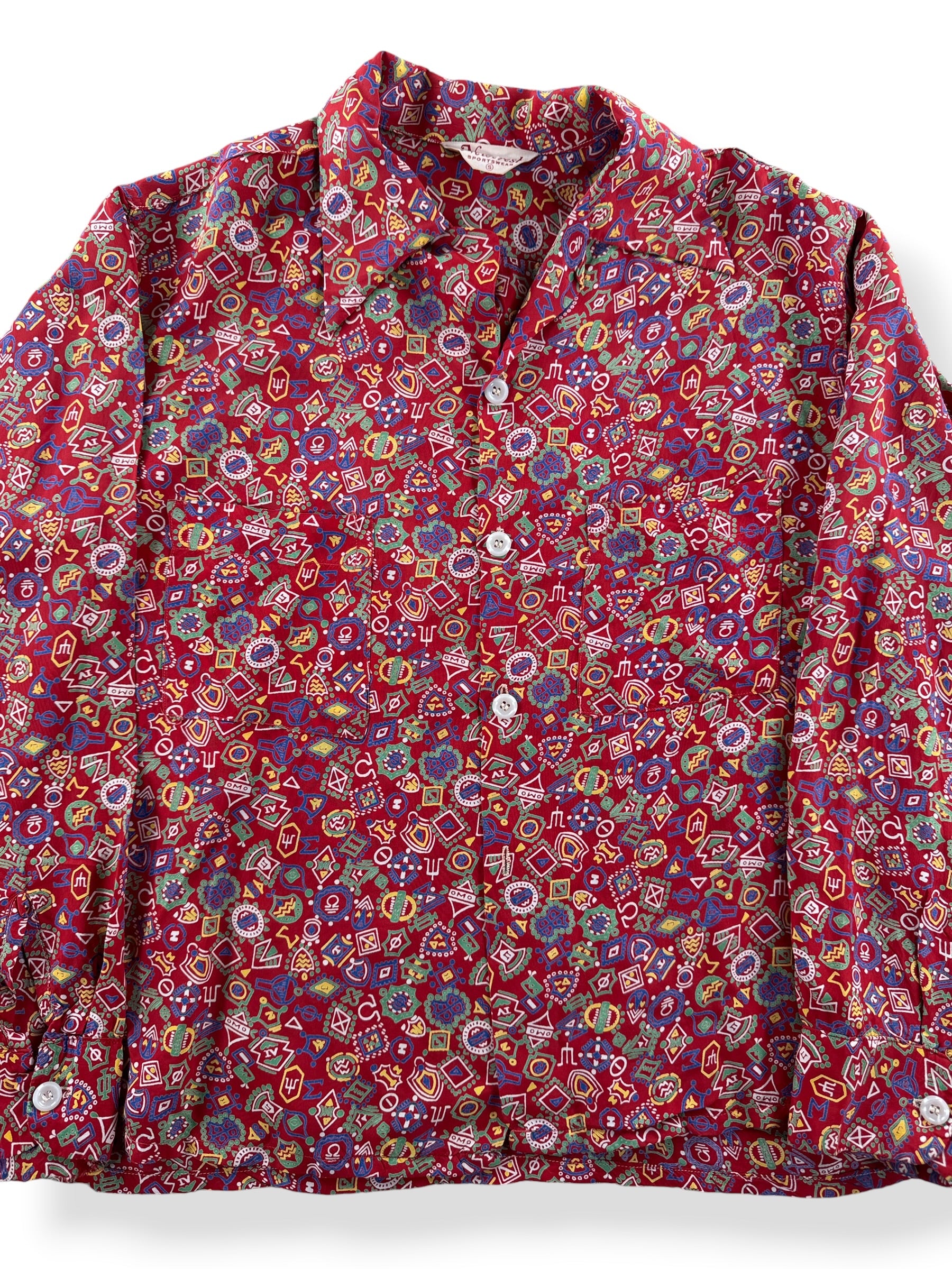 Front Close Up of Vintage Newcrest Sportswear Rayon Frat Top SZ S