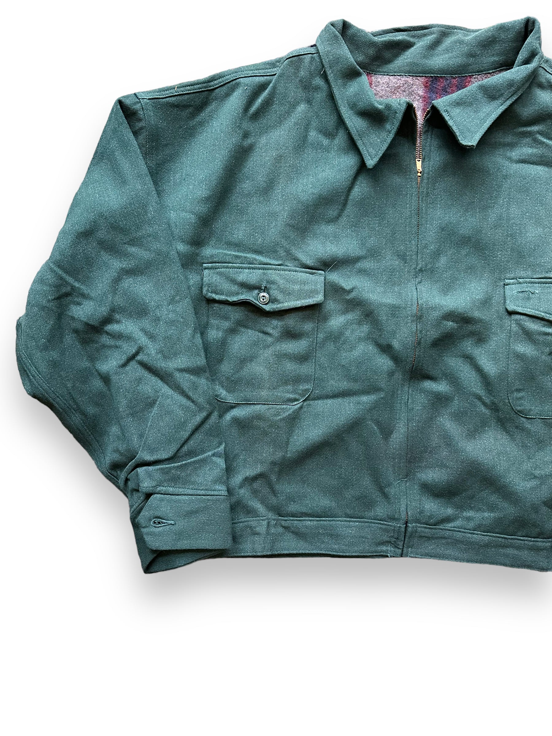 Front Right View of Vintage Green Blanket Lined Gas Station Jacket SZ 56 | Vintage Workwear Jacket Seattle | Seattle Vintage Clothing