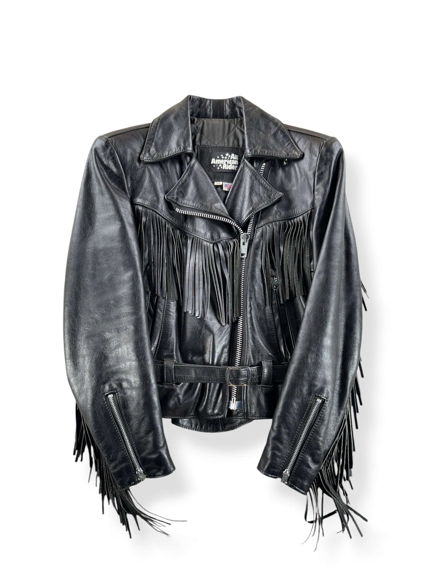 Front of Vintage Ladies Fringe Leather Riders Jacket SZ 5/6