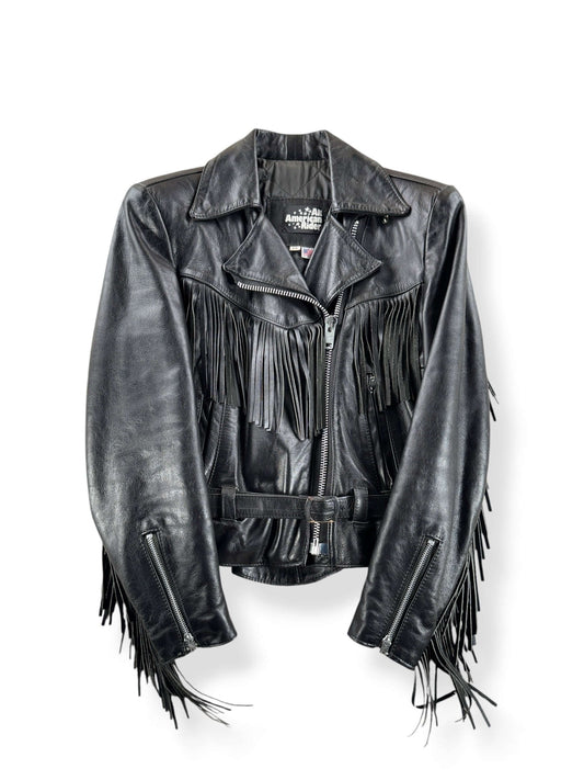 Front of Vintage Ladies Fringe Leather Riders Jacket SZ 5/6