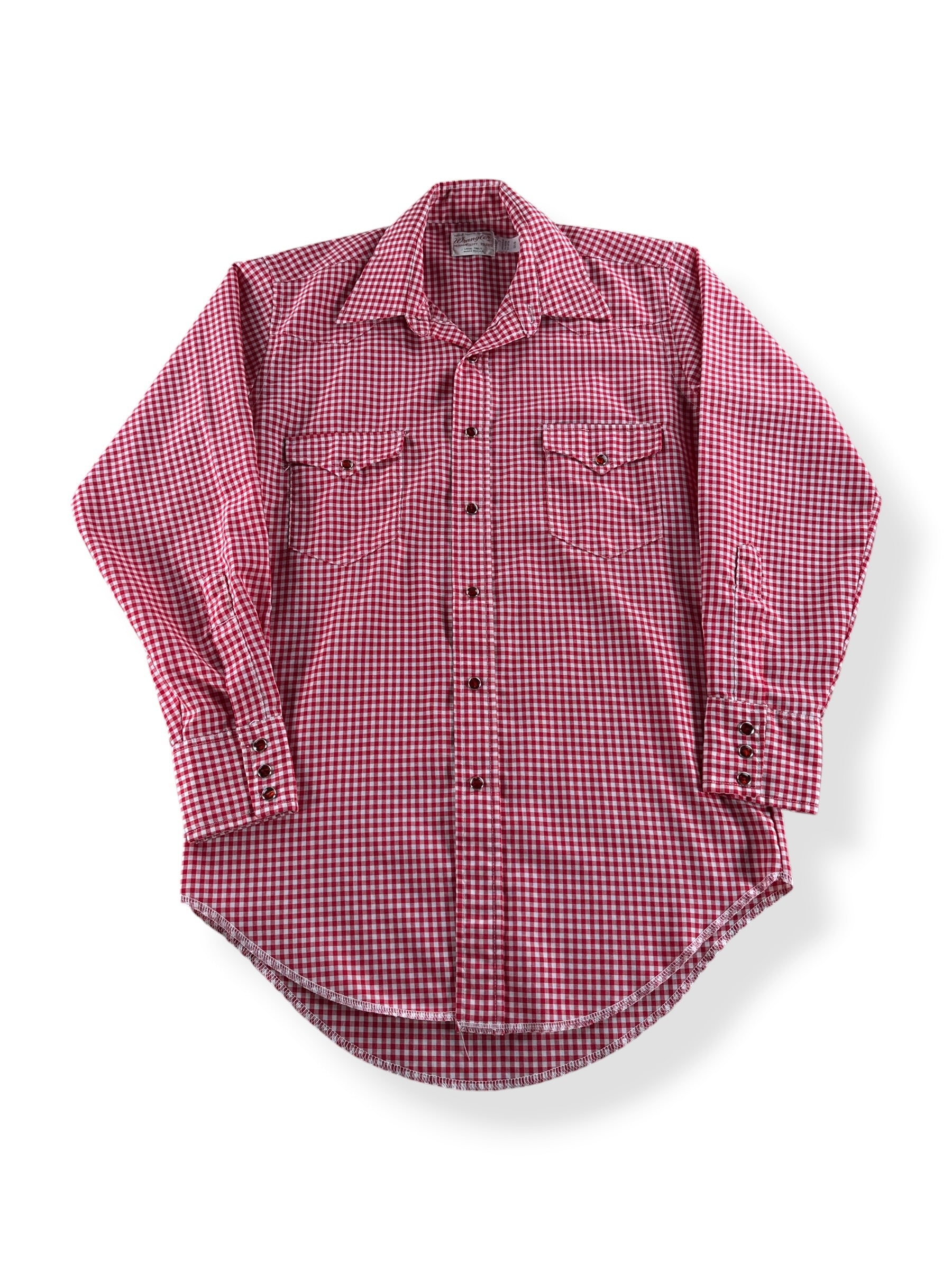 Front of Vintage Wrangler Red Gingham Pearlsnap SZ 15 1/2