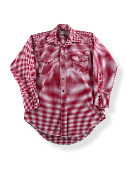 Front of Vintage Wrangler Red Gingham Pearlsnap SZ 15 1/2