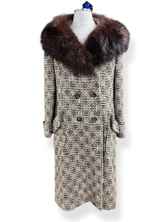 Front view of 1960s Riva Matlick Tweed/Fur Coat XL