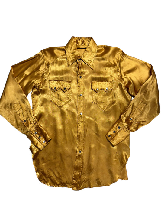 Front of Vintage Gold Satin Pearlsnap Shirt M