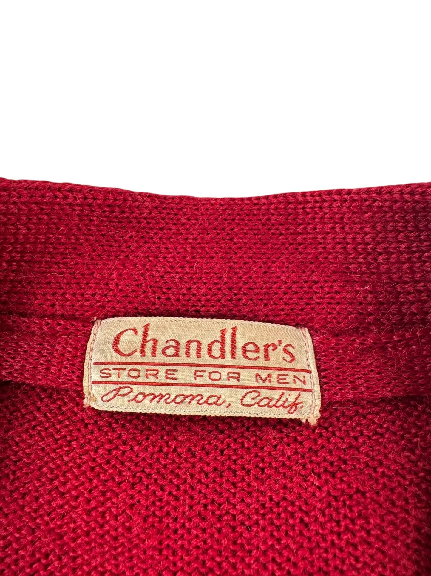 Label on Vintage Chandler's Store For Men Wool Cardigan SZ S AS IS