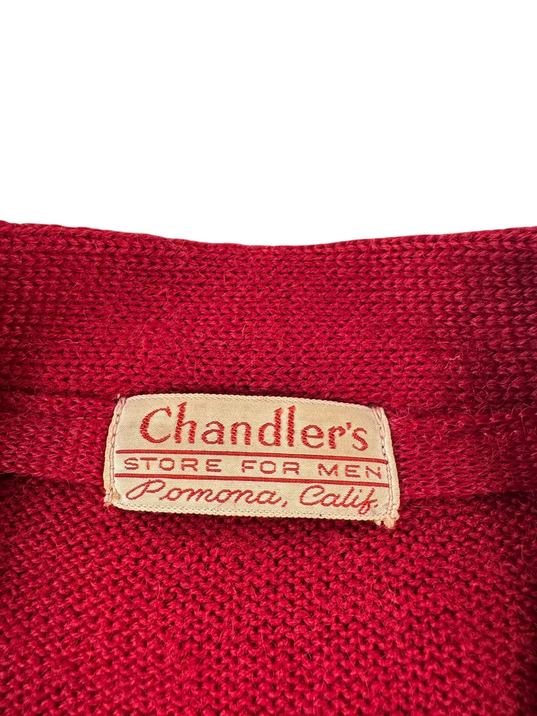 Label on Vintage Chandler's Store For Men Wool Cardigan SZ S AS IS