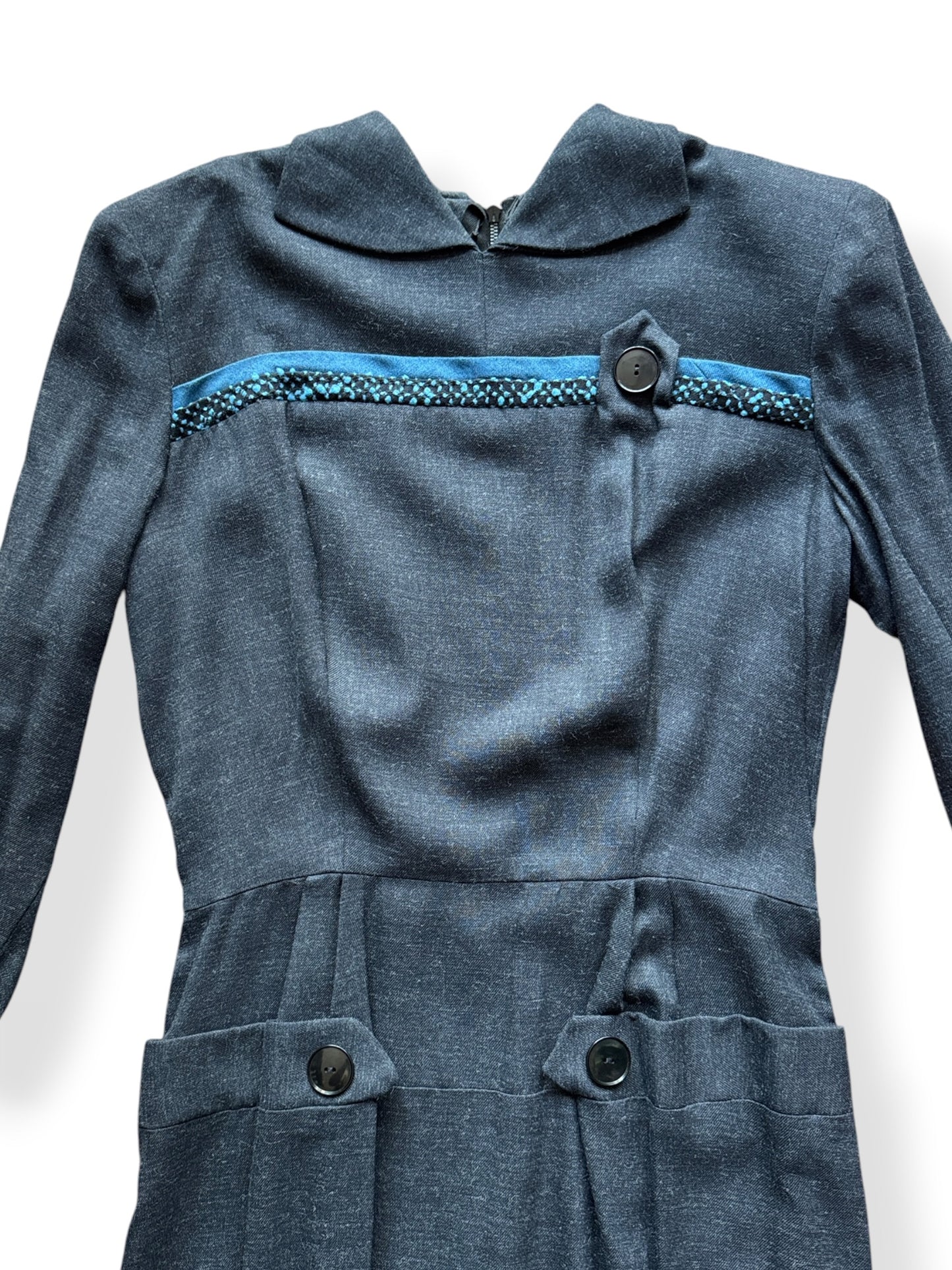 Front Close Up of Vintage Slate Knit Button Dress SZ S/M