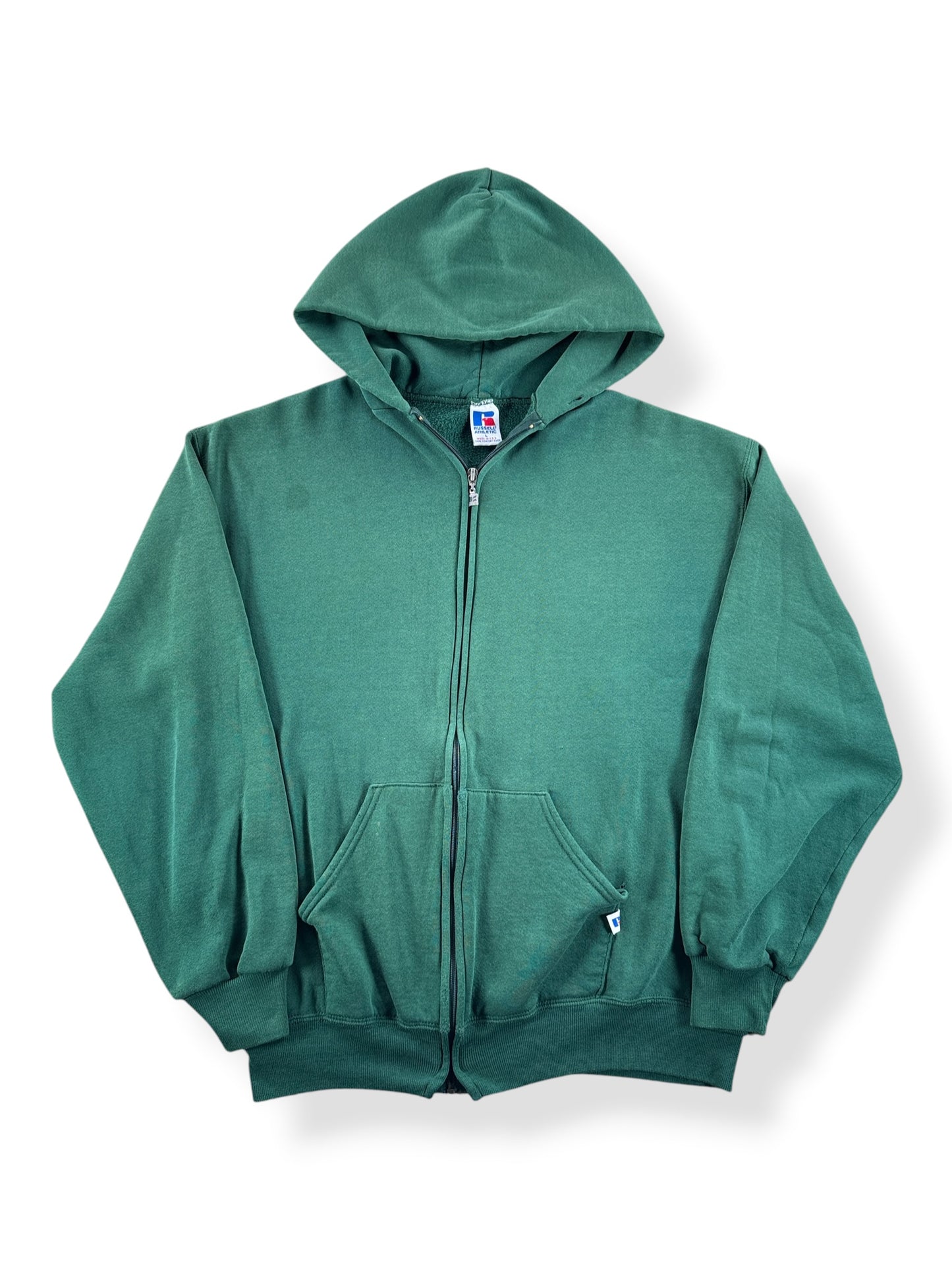 Front of Vintage Russell Athletic Green Zip Hoodie SZ L