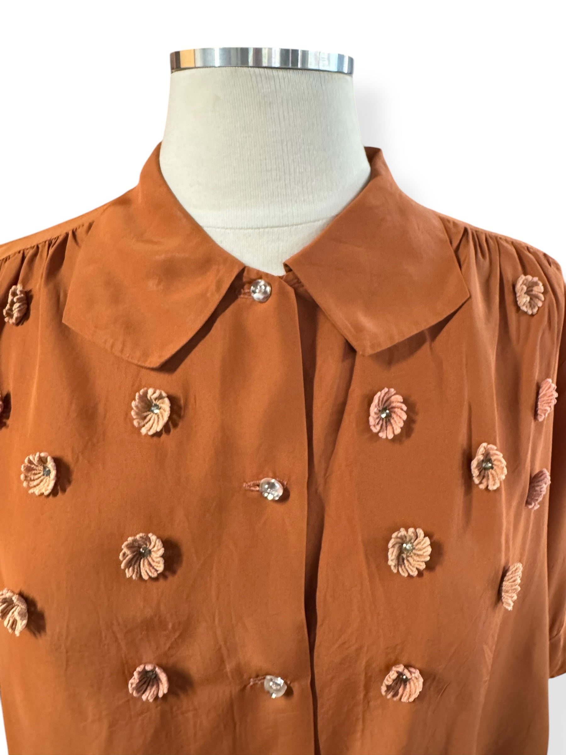 Front of 1940s Rayon Blouse with Flowers L-XL