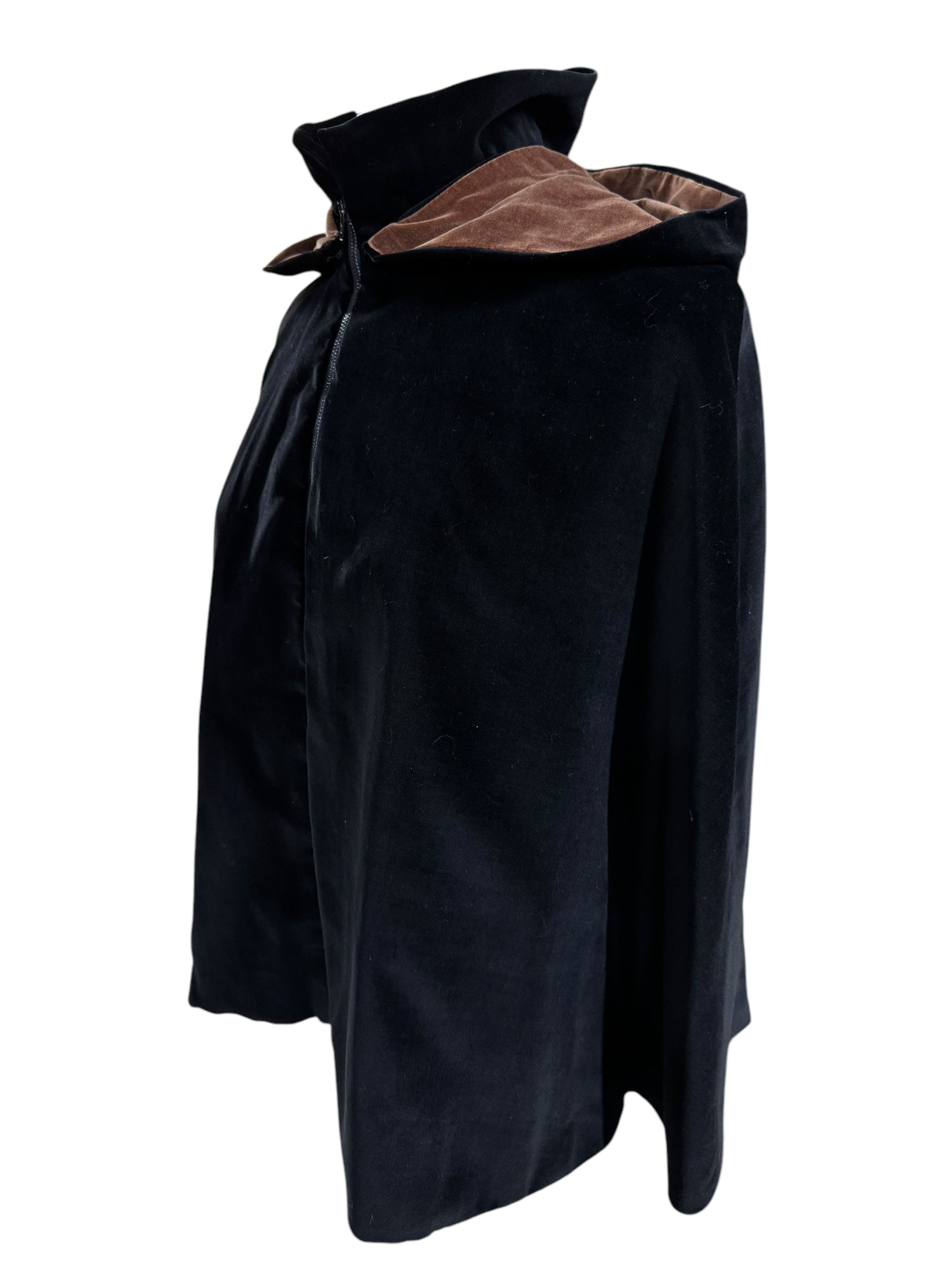 Side view of 1950s Black and Brown Hooded Velvet Capelet m