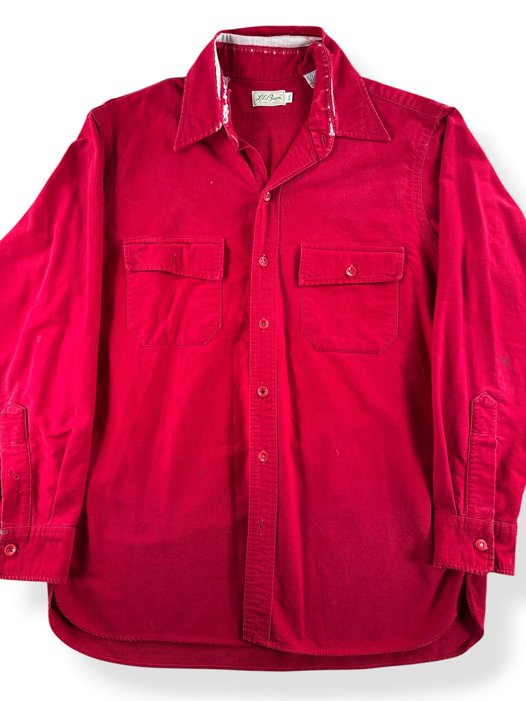 Close up front of Vintage 1960s LL Bean Script Era Chamois Cloth Shirt