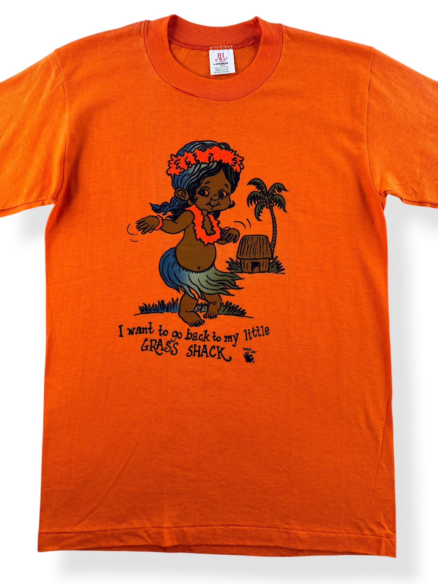 Front Close Up of Vintage 70s NOS Grass Shack Tee SZ L (Fits XS)